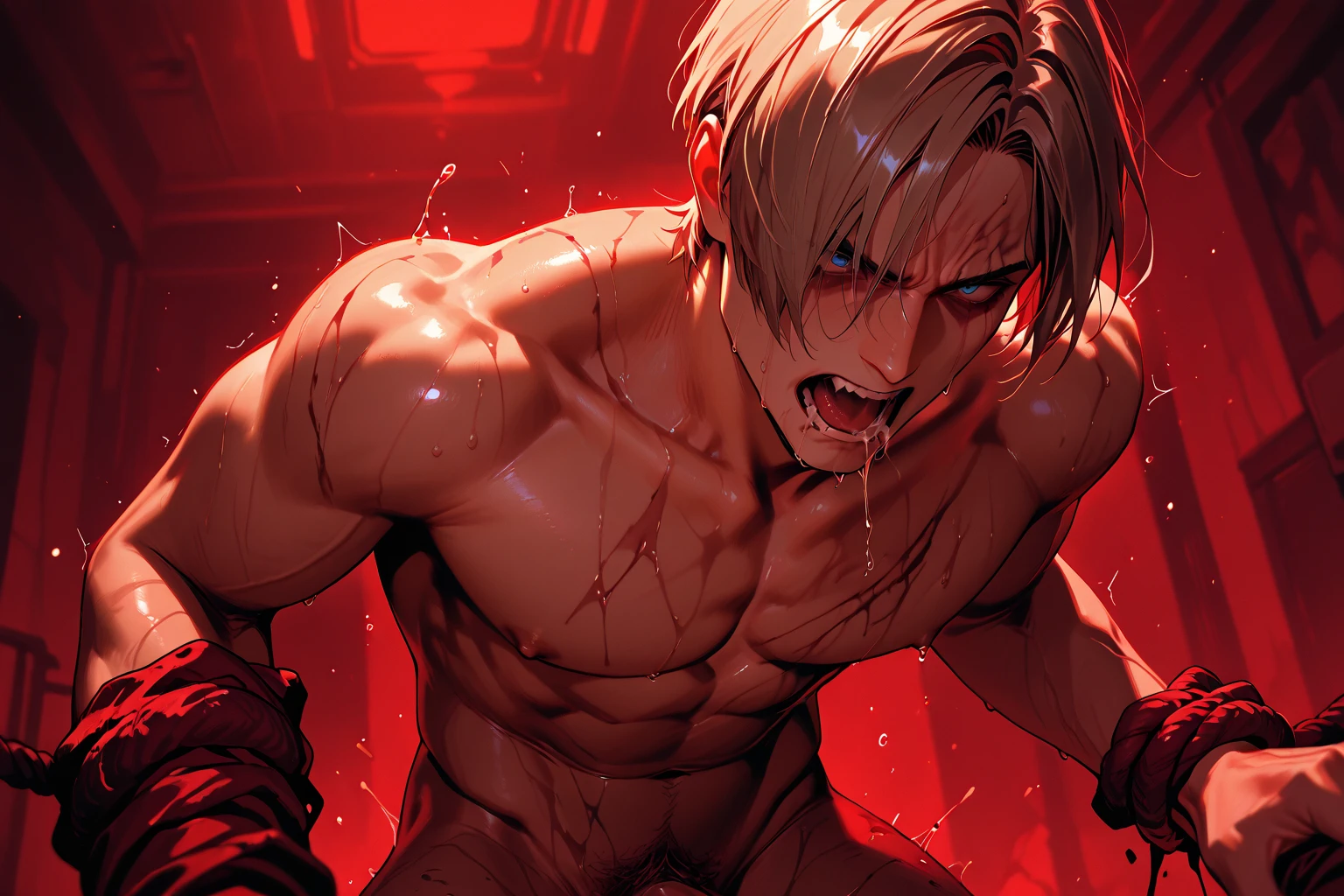 Solo character, full body version, ??? boy, blonde hair, short haircut, topless, black short jeans, blood, no shock, no shoes, indoor, prison, darkness, handcuff, (black clover style)