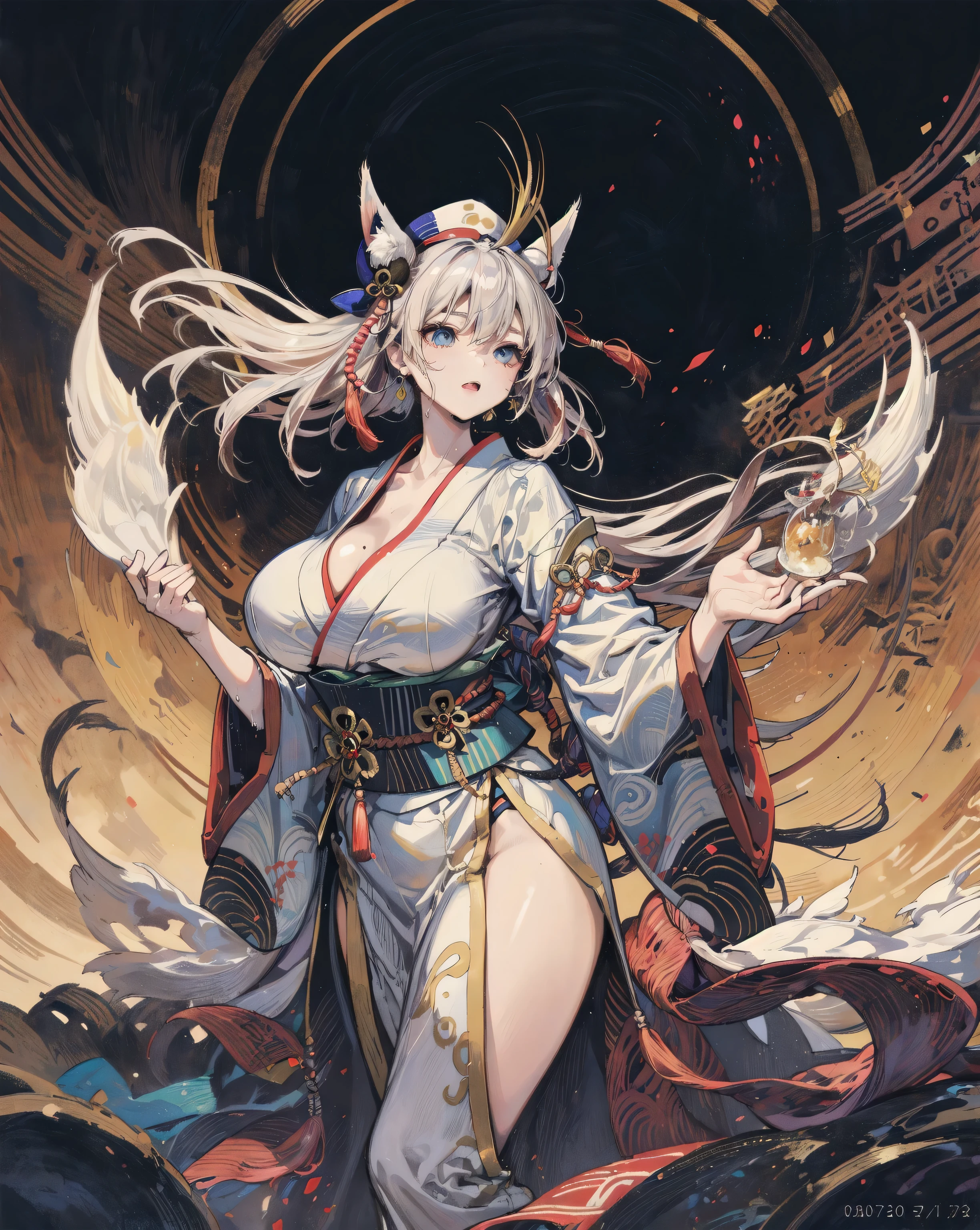 1girl, White skin, (deer ears), Exquisite eyes,Red Eyeshadow, Red lips,Fake laugh, Ukiyo-e, masterpiece, high quality, at the lowest limit, Tiny,White boots，Huge breasts，Bare shoulders，，Lace，Lace stockings，Lace skirt, nine_colored_deer_arknights