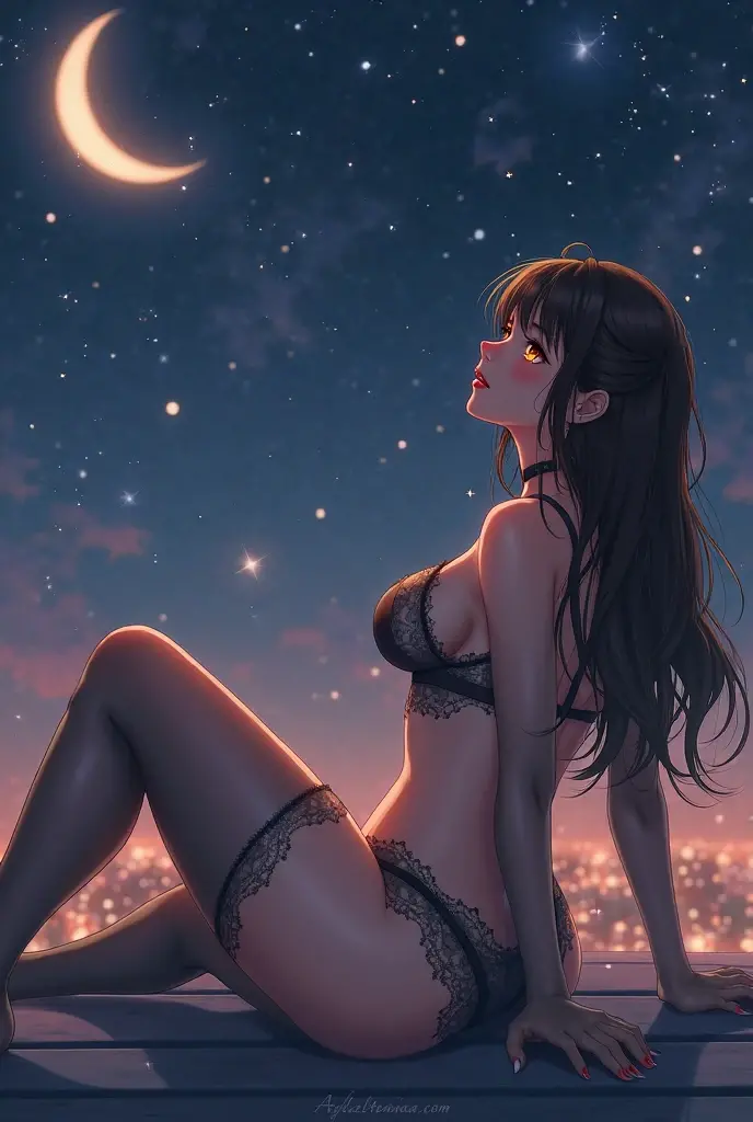 very sexy girl, long black hair, glasses, panties and bra, pronounced nipples, small breasts, lascivious look, beer, large window with views of the night, stars, moon,(art inspired in Bill Sienkiewicz). oil painting)