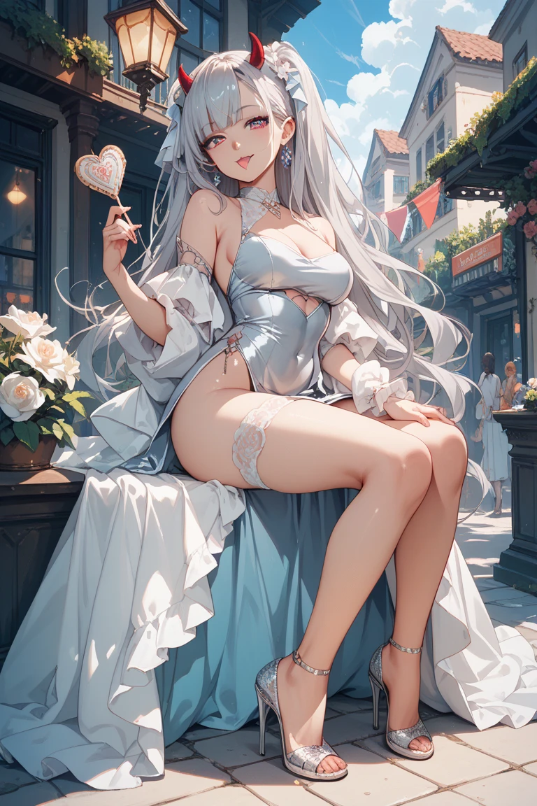 highest quality, masterpiece,  from below, long hair girl, White sleeveless short dress with black lace on the chest, looking at the viewer,  panties, garden, enchanting smile, open your mouth, 