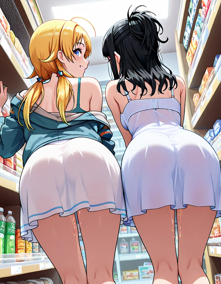 masterpiece, best quality, 2girls, two side up, 10yo, (petite), cowboy shot, looking back,
 smile, :o, standing, naked hoodie, open clothes, bare small breasts, ass, in supermarket,