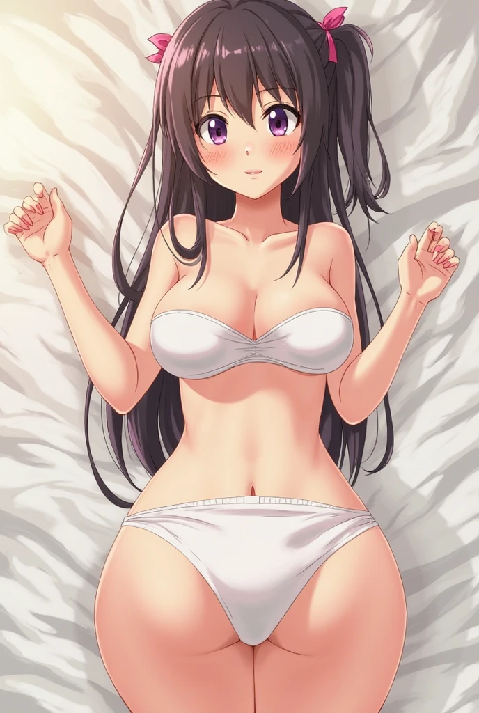 Beautiful Chitanda，There is only one beautiful girl，Purple Eyes, Black Hair, Natural straight hair, Straight bangs，Extremely refined，open your lips，Face is so red，Very white skin，Skin as delicate as porcelain，Glowing skin，big eyes，Flowing long hair，beautiful girl, Like a dream，Slim，Slim waist，Soft, (Sensual), (Kawaii), Dream quality，Lying at home，Completely naked，Holding a pillow，Deep V neckline，The neckline is very loose，Towel to cover key parts，Wet，Beautiful big breasts，no pants，No pants，Delicate clavicle，Delicate hands and feet，Bare neck，Bare thighs，Exposing the groin，Camel toe，Bare legs，barefoot，Show your belly button，extremely shy，Ultra-high resolution, (masterpiece:1.2, best quality), (Delicate and beautiful eyes: 1.2), (Beautiful and delicate face)