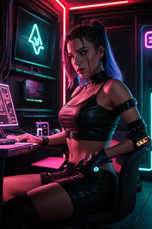 1 woman sitting alone on a chair with a rainbow light, 3 d neon art of a womans body, neon-noir background, cyberpunk femme fatale, seductive cyberpunk dark fantasy, cyberpunk strip clubs, cyberpunk 20 y. o model girl, oppai cyberpunk, banner, high definition cgsociety, cgsociety masterpiece, trending on cgstation, kda