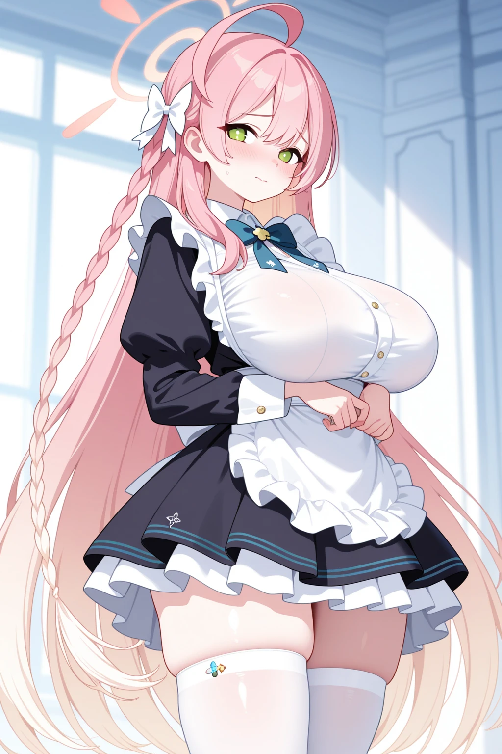 masterpiece, best quality, 1girl, (pink hair, black hair dressings, long hair, detailed hair, cat ears, pink eyes:1.35), cute, bedroom, huge breasts