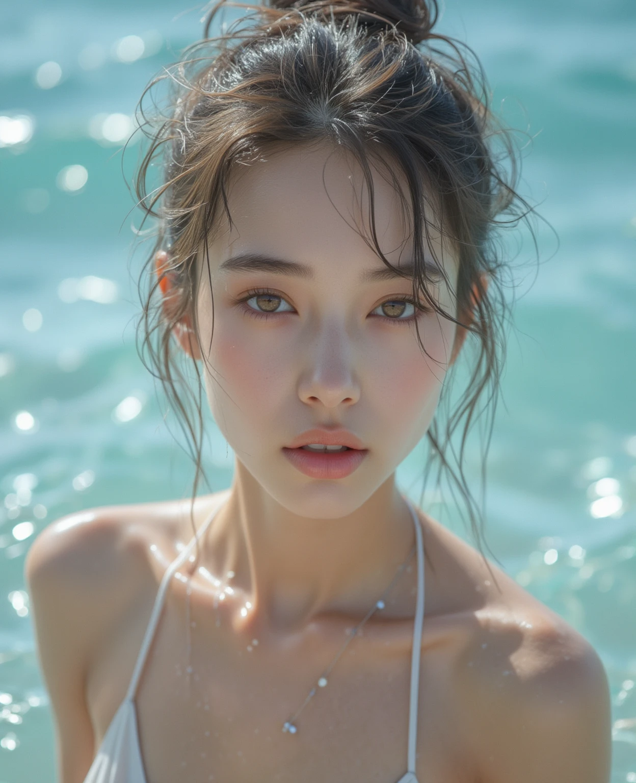A stunning high quality photo of a close-up of a young woman with wet hair, submerged in water. She has striking blue eyes and is wearing a red object around her neck. The water around her is clear, revealing her face and part of her upper body. Sunlight filters through, creating a shimmering effect on the water's surface. The background hints at an outdoor setting, possibly a pool or a natural body of water, with a blurred orange object, possibly a float or buoy, visible.