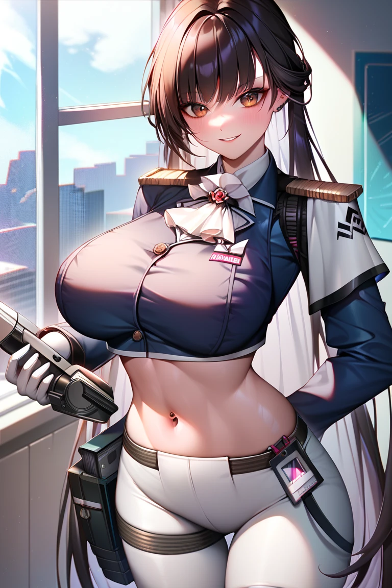 1female,35yo,plumw,extremely large bosom, 独奏,(Background with:A desert,aerodrome,Planes) She has very short black hair,bobo head,Stand on the plane,,seen from the front, curlies, mostly cloudy sky,(((tmasterpiece),(Very detailed CG unity 8K wallpaper),best qualtiy,cinmatic lighting,detailed back ground,beatiful detailed eyes,Bright pupils,Black eyes,Snow-white skin,Redlip(Very fine and beautiful),(Beautiful and detailed eye description),ultra - detailed,tmasterpiece,)),facing at camera,A high resolution,ultra - detailed),revealing breasts,Bare genitalia, Bulge,legs are open,Raised sexy,Camel toes,Flushed complexion,Desire for dissatisfaction,frontage,us airforce,Aviator,military officer(Wearing:white suit jacket,Gold wire embroidery,tailcoat,neck bowtie,Black pantyhose,Bare breasts)