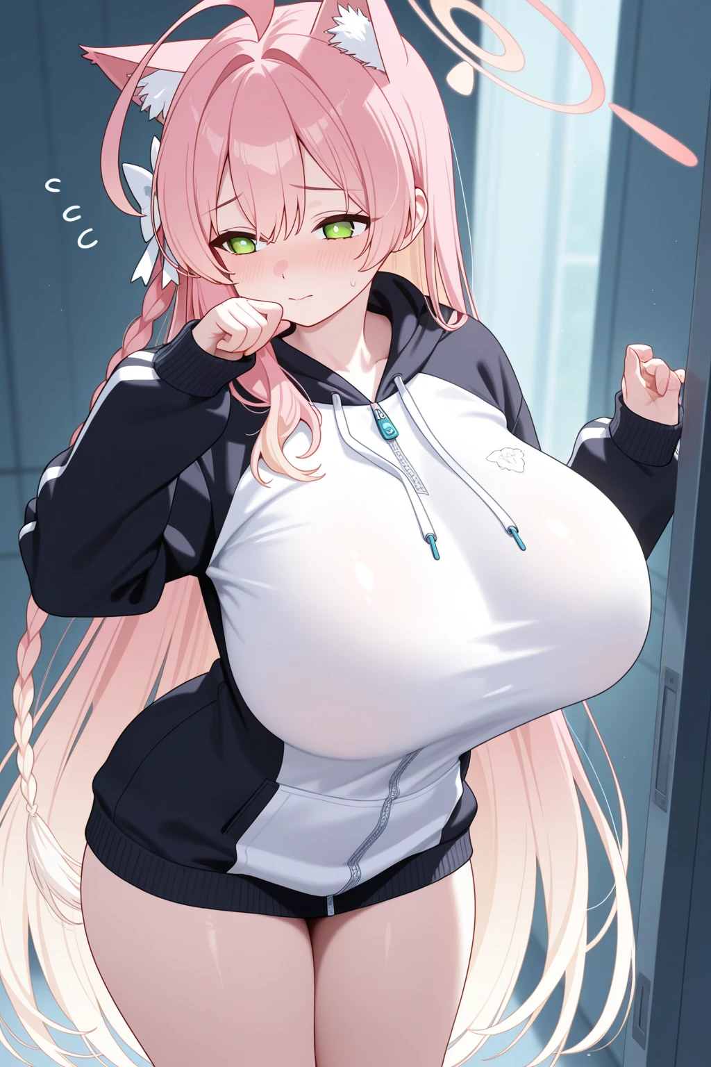 masterpiece, best quality, highres, 1girl, tighttops, (short jumpsuit), gigantic breasts, embarrassed, blush, sweat, cleavage cutout, eyelashes, cowboy shot, looking at viewer <lora:tighttops3:0.6> , <lora:shortjump:0.6>
