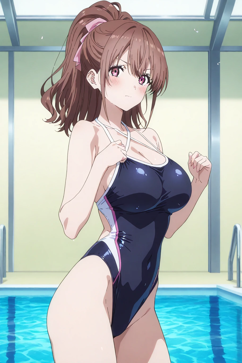 mamako_oosuki, megami magazine, 1girl, (huge breasts), smile, mature female, long hair, brown hair, purple eyes, bright pupils, ribbon, blue competition swimsuit, pool, best quality, masterpiece, ultra detailed, absurdres, absolutely resolution