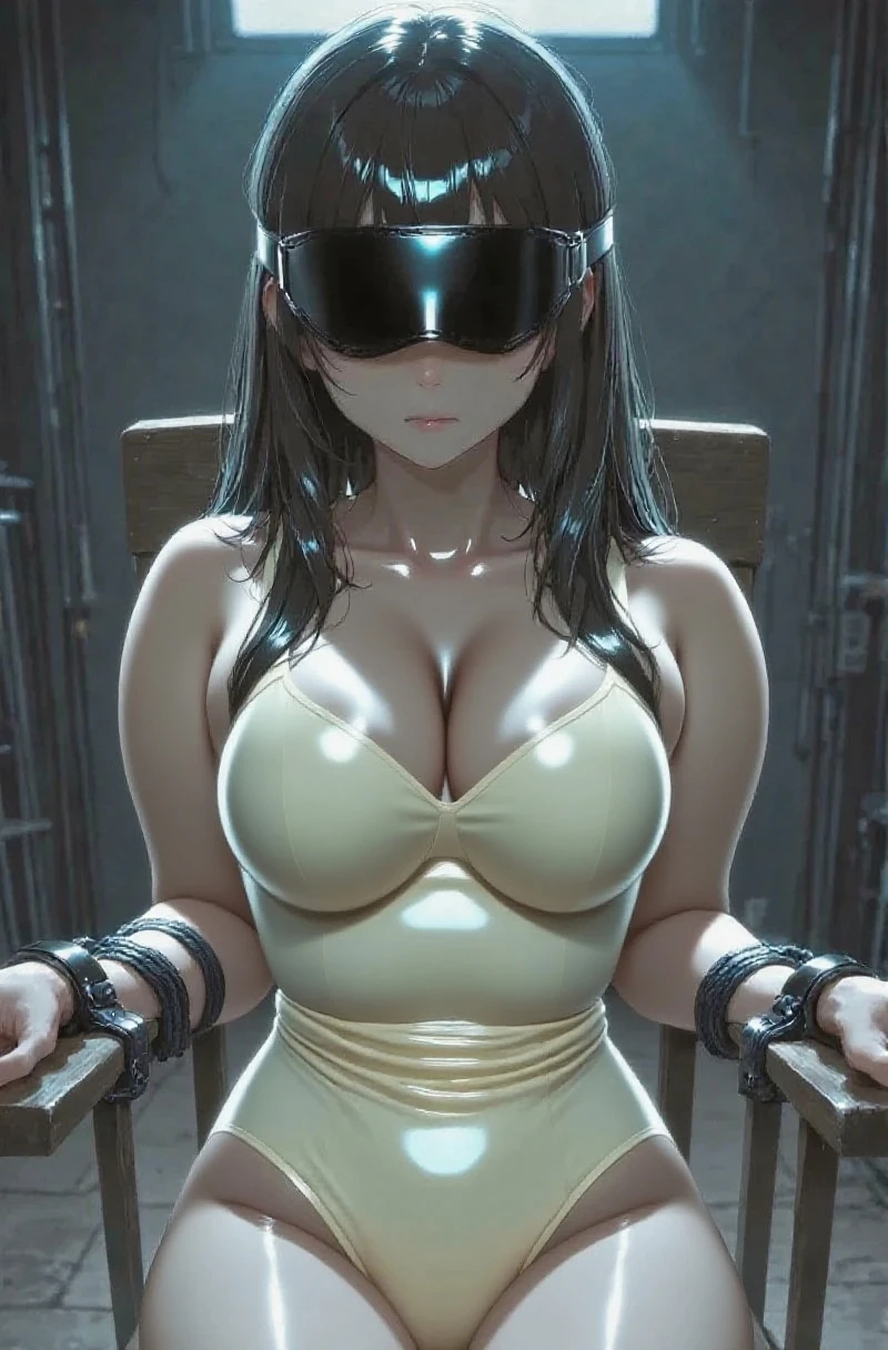 Final Fantasy 7 Tifa Lockhart Indoor at night Sitting in a chair and being restrained sexy Wearing black stockings Wearing a mini skirt A large amount of clear mucus splashes out Put a black blindfold on both eyes Black clothes、Black panties、Thin legs Big Breasts Slim figure Surrounded by many women、high quality CG Tone Dim lighting、Please open your mouth wide、slimy、Wriggle your body、Being covered in lotion