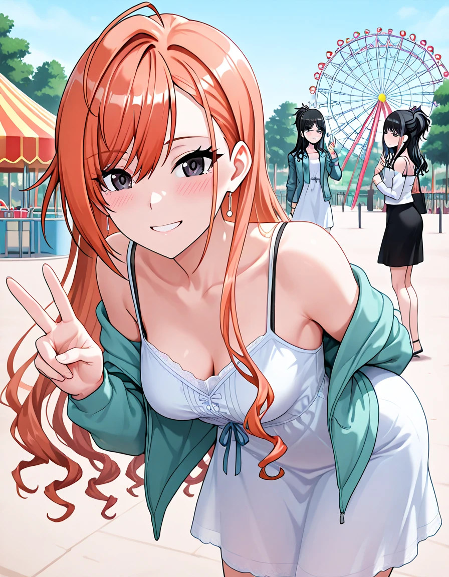 (anime artwork, anime style, studio anime, very detailed, up to date, vibrant, Anime Coloring, high contrast, masterpiece:1.2, best quality, best aesthetics),2 girl,hug from behind,swim suits, Medium chest, A glimpse of thighs,random hair, One eye is hidden by the bangs, perfect proportions, high detail skin, Cute, detailed faces,beach, precise fingers,curvy,crowd