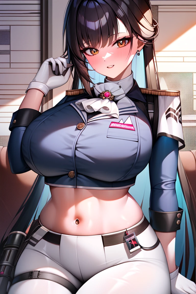 (Make the subject look three-dimensional with the contrast of light and shadow),Cute and beautiful 22yo girl,(masterpiece:1.2), best quality, high resolution, unity 8k wallpaper, (illustration:0.8), (beautiful detailed eyes:1.6), extremely detailed face, perfect lighting, extremely detailed CG, (perfect hands, perfect anatomy),Brown hair,watching at viewers,black suspenders,(Bulging ,big breasts:1.1),Black miniskirt,garters,Gaze,Small face,bangss,holster,Belt Armament,Beautuful Women srestrained,hands up,Lying in bed,Leg holster ,lying on the bed,Gaze,black boots,panty shot