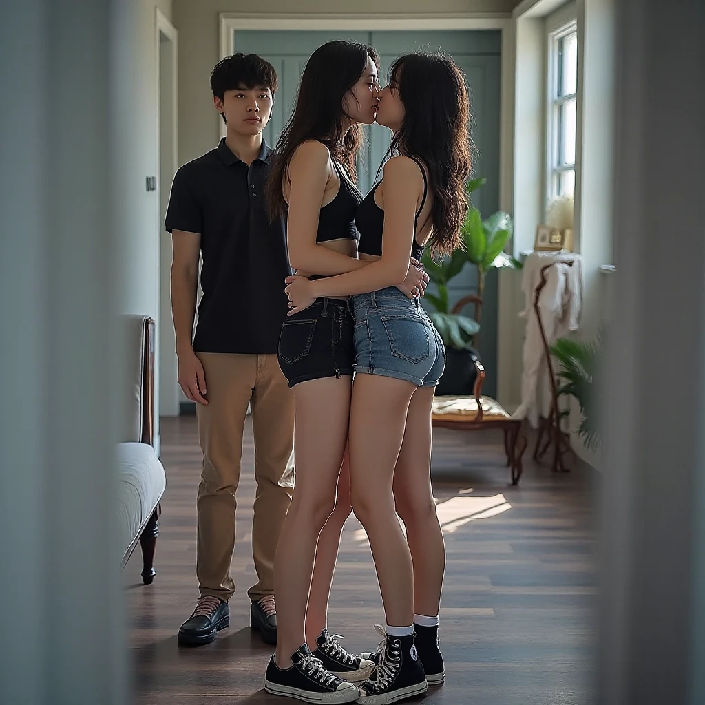 （RAW photogr，超高分辨率，tmasterpiece，best qualtiy：1.4），Complicated details，2 20 year old Korean girl，Wear a loose black T-shirt and stylish jeans，Highly realistic and detailed costumes：1.3. Stand on the grass and take pictures，hugs，Intimate relationships，Detailed meadow，A sweet smile on a small face，The face and skin are pink and fair，Ultra-realistic facial details，Beautiful ribbon hair accessories，Playful and coquettish pose，The calves are straight and slender:1.5，Wear high-end branded colorful travel shoes:1.5，eventide，warm color，Broad lighting，naturalshadow，taken from behind，Beautiful waist and hips，taking a full body photo:1.8