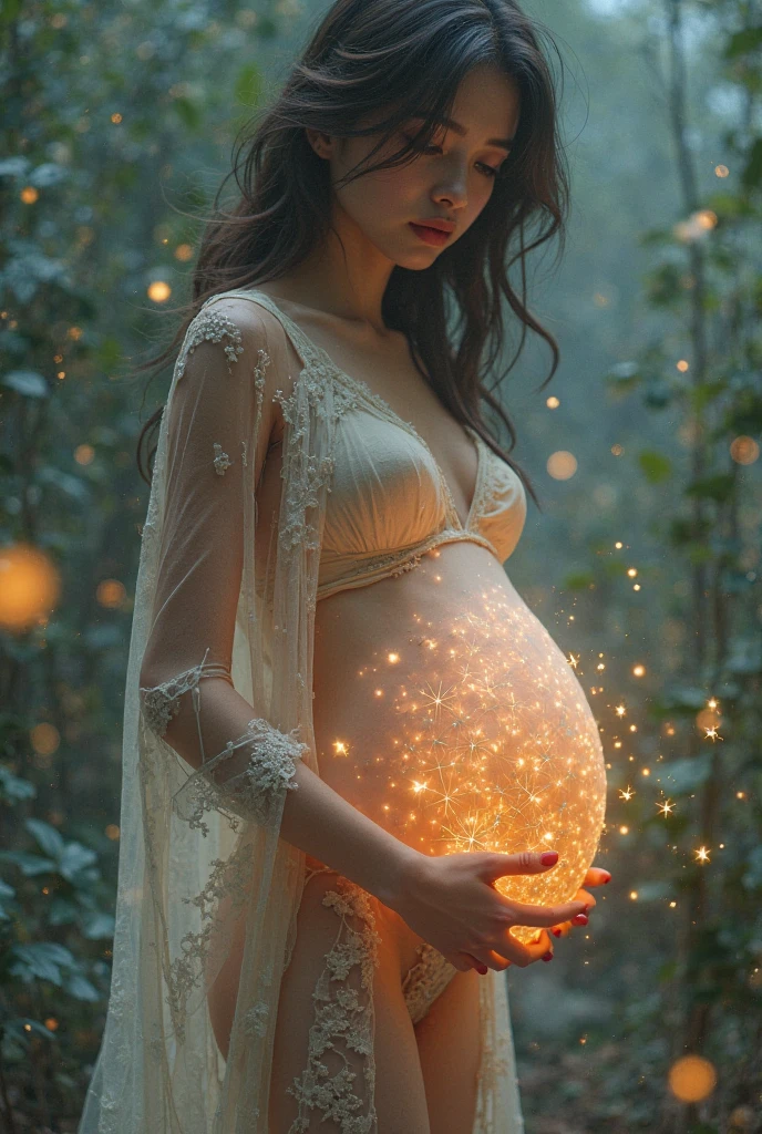 In mythological or fantasy scenes、Depicts a woman with a very large belly due to pregnancy。Express her condition in a mystical and symbolic way