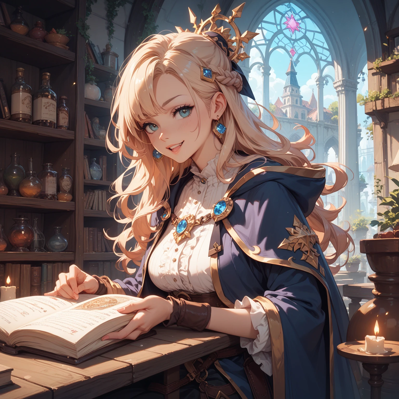 a woman sitting at a table with a candle in her hand, casting a spell on a potion, she is in the potions workshop, spell casting, in a potion shoppe, magical potions, casting a powerful spell, casting a magic spell, casting a spell, neoartcore and charlie bowater, in the art style of bowater, fantasy art style
