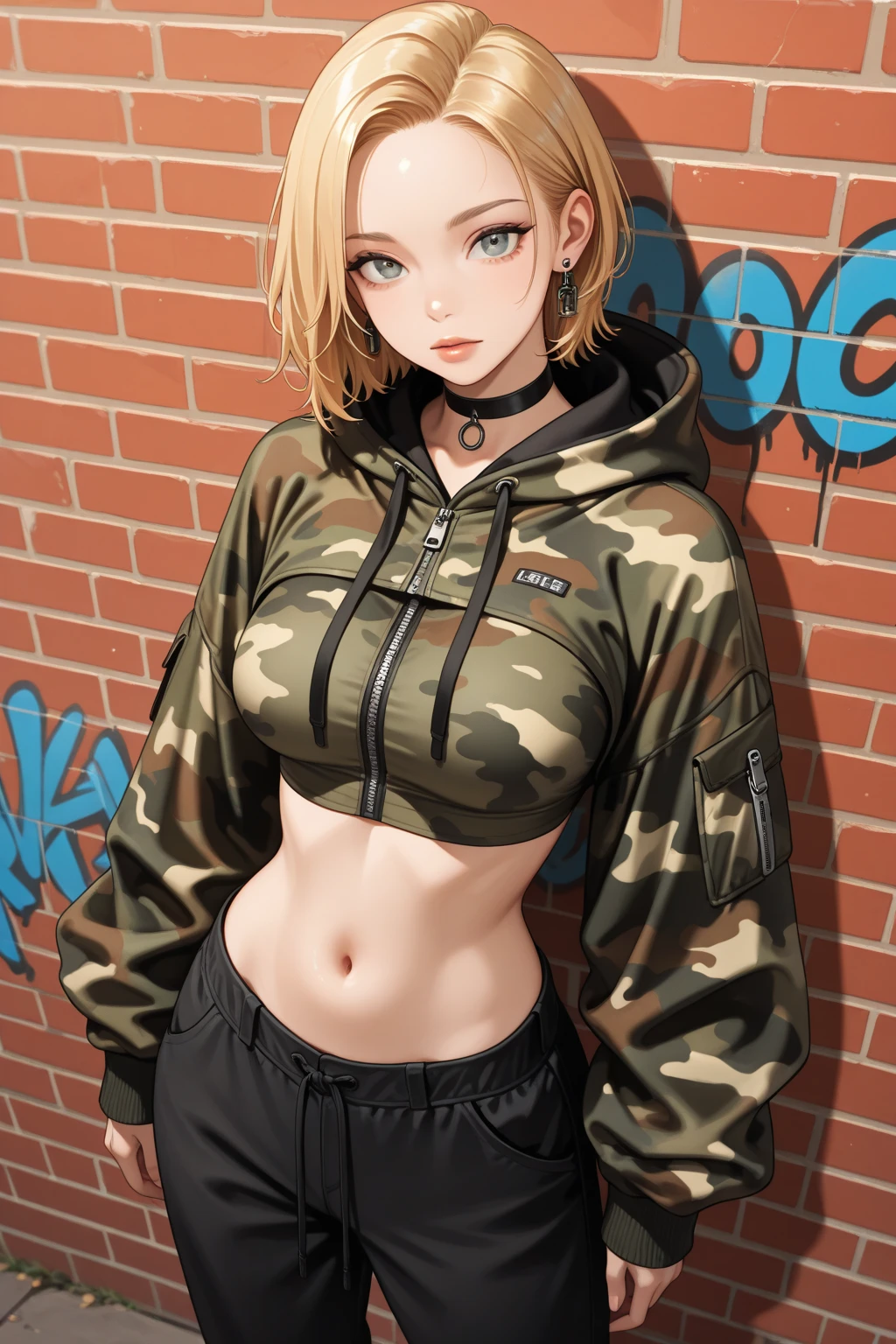 1woman, wolf girl, wolf ears, cyberpunk, camo pants shorts, sports bra, grumpy, tsundere, portrait, arms behind back, hands behind back, dirty blonde hair, short hair, big breasts,