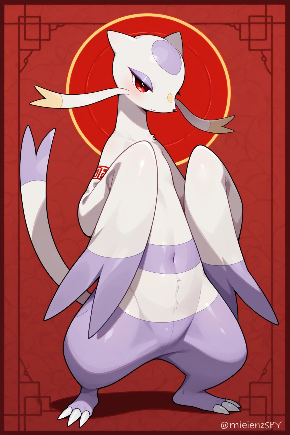 {guilmon}, (crusch_lulu), \(digimon\), (By Slugbox), (By Shikaro), (by Asaneman), (white_body), (female), (Feminine_Flatchested), (exceedingly_wide_hyper_hips), thick thighs, plump_labia, (Bent_forward), normal_tail, seductive, digitigrade_legs, (Perfect_eyes), long_eyelashes, sexy, 1080p, (best quality), (masterpiece)