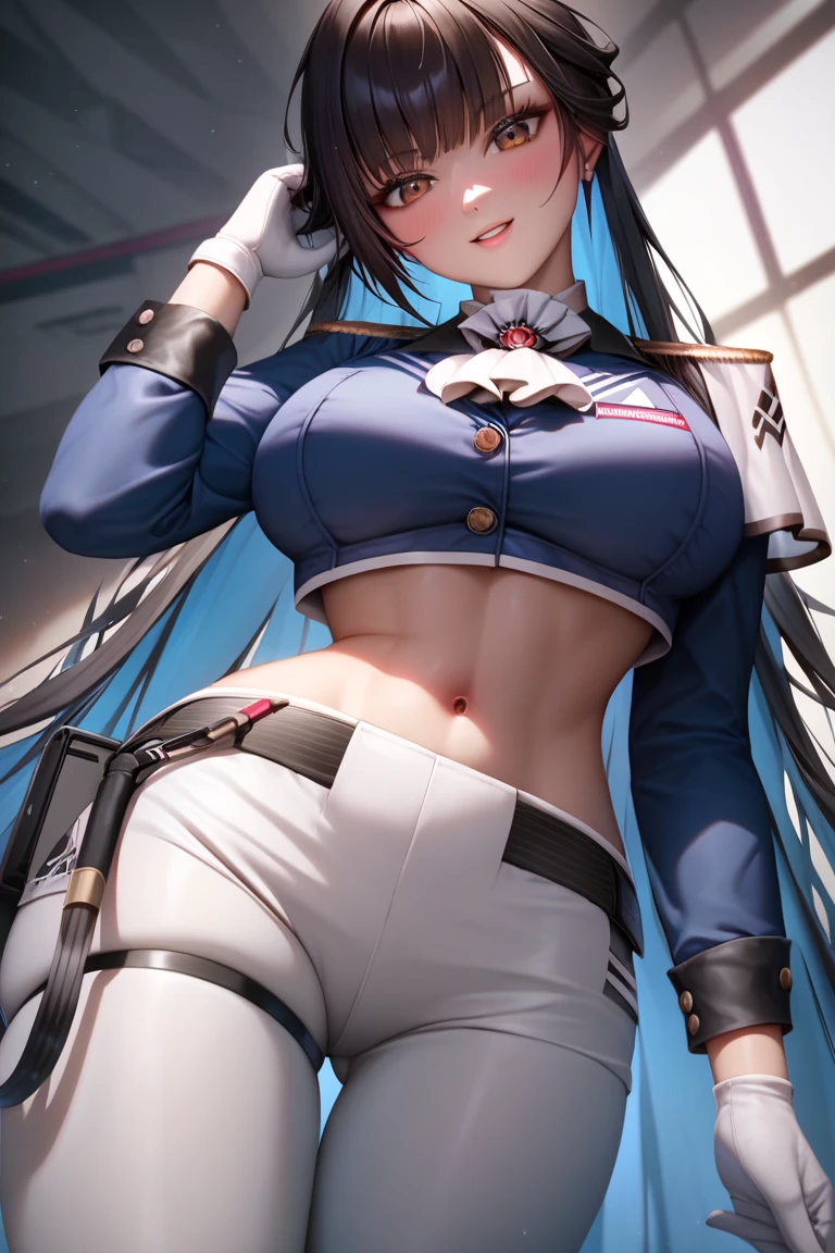1girl, looking at viewer, <lora:marciana-nikke-richy-v1:0.8:lbw=ALL>, marciana, very long hair, navel, midriff, epaulettes, ascot, crop top, large breasts, infirmary,bed, white pants, white gloves, long sleeves, blush, pov,from below,<lora:PovFromBelowV1:1:lbw=ALL>, light smile,