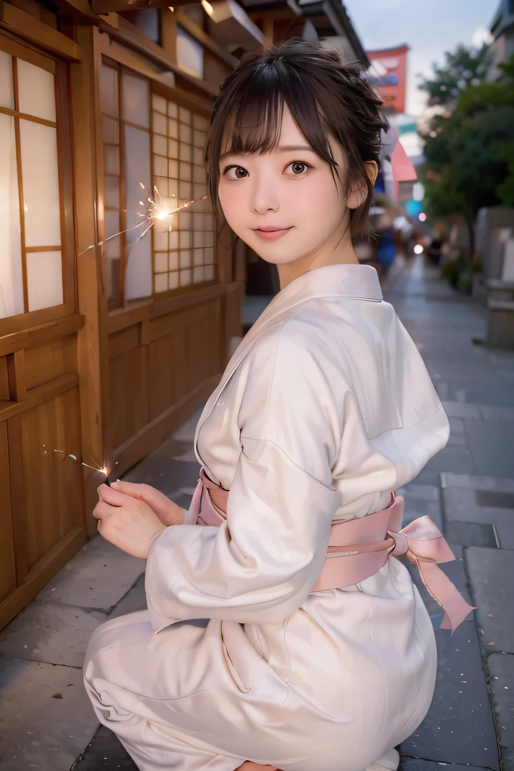 8k, raw photo, best quality, hires, realistic, photorealistic, extremely detailed 8k wallpaper, beautifully detailed eyes, finely detailed face,
 BREAK 
moonlight, soft brightness, bokeh,
 BREAK 
perfectly anatomically correct:1.2,
5 beautiful thin fingers:1.2,
 BREAK 
the cityscape showcasing summer skyline is in subtle gradients of dusky orange and blue:1.2,
a graceful suspension bridge adorned with random colored bright lights:1.2,

a subtle line of purple near the base spanning the water:0.4, reflecting shimmering gently in the waves:0.4,

the scene capturing a festive atmosphere:0.8,
highlighting vibrant spirit and dynamic energy of the city:0.8,
 BREAK 
1 female,
((holding small japanese sparkler:1.4)),
((pale colored japanese yukata)),
squatting,
short bob cut wetty:1.0, kawaii, cute natural anime face:0.8,
symmetrical clear eyes, chocolate color eyes with sparkling highlights,
[symmetrical face line, stereoscopic projection of baby face],
(gentle narrow eyes), wide-set eyes, tareme, [subtle eye bags, double eyelids],
small round face, rounded jaw, heavy lips, [chiseled face], blush, embarrassed,
[elegant posture], (an aura of mysterious allure),
(a hint of a mischievous smile with slightly opening mouth),
looking up back viewer,
curvy thighs:0.6,
 BREAK 
full body,
(from behind:1.0, dynamic back shot:1.0), from below, from side,
soft contrast, soft saturation, diagonal composition, with wide lens,