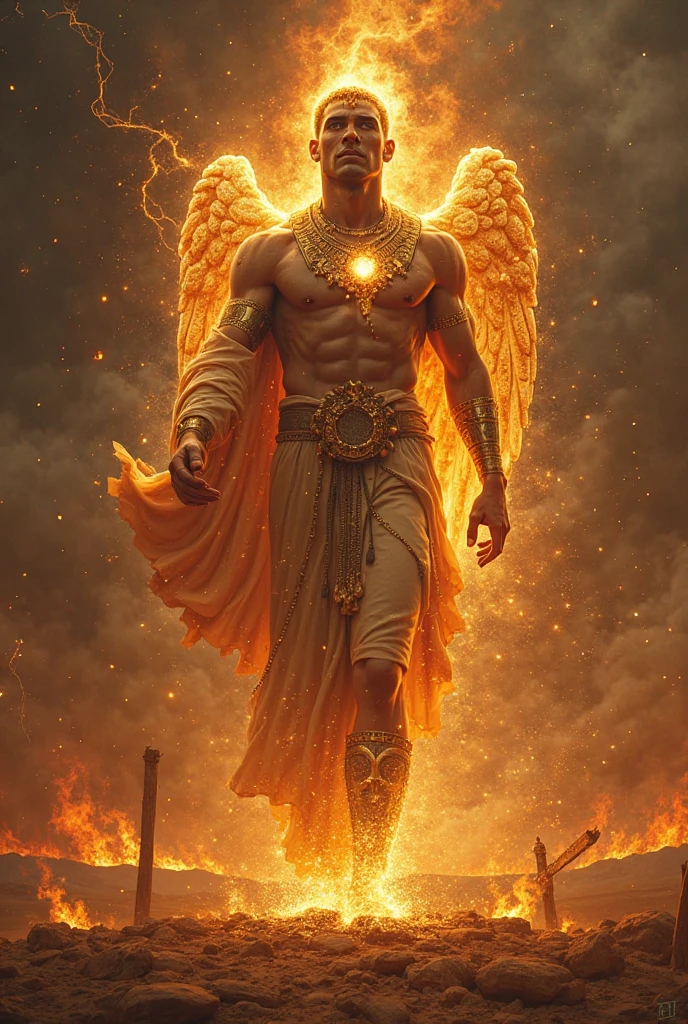 “And I lifted up my eyes and looked, and behold, there stood a man, clothed in linen and girded with gold from Uphas. And his body was like a topaz, and his face shone like lightning, and his eyes like lamps of fire; but his arms and his feet looked like shining bronze, and the sound of his words was like the roar of a crowd.“
