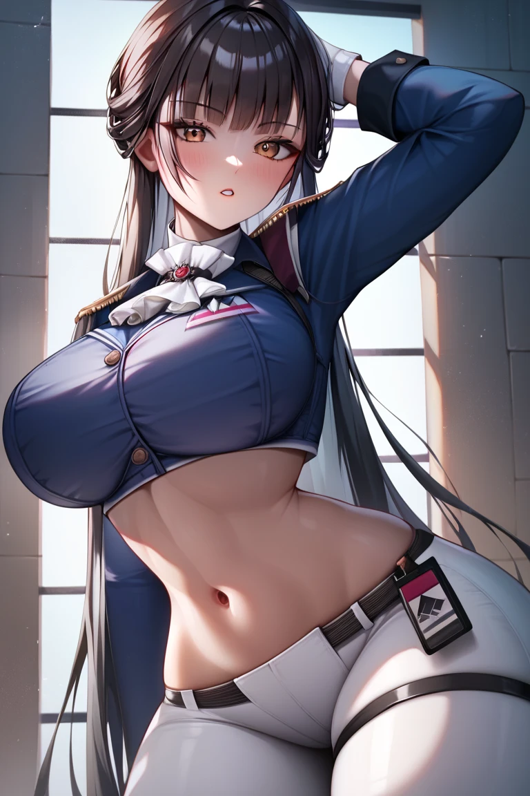 ((masterpiece, best_quality)), (photorealistic:1.4),  solo, 1 girl, white_background, white_hair, short_hair,   zettai_ryouiki,(black big ribbon accessories at the back of head), (red jacket with sleeves rolled), toggle button pin buckle, ((tosca-blue colour) mini pleated skirt with a slit in the front), outline nipple can be seen through the clothes, areola bulge, high heels boots, belly, crotch gap, cameltoe ,shiny skin, sweaty skin, nose blush, belt underboob, underboobs, nsfw