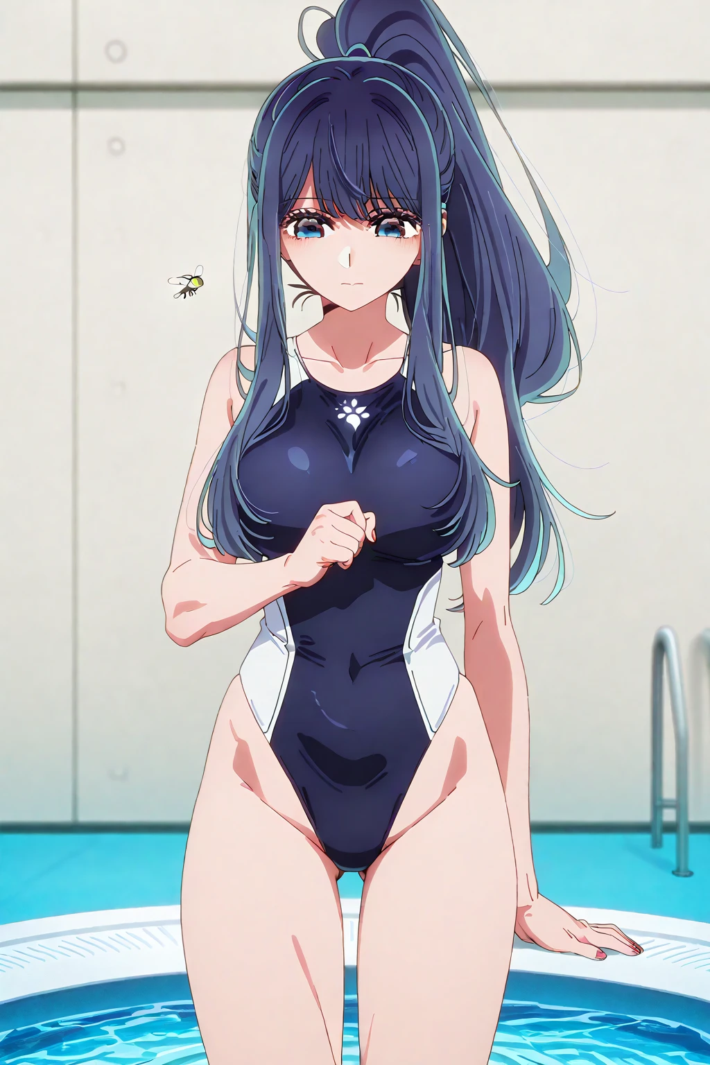 (masterpiece、Highest quality、In 8K、High resolution:1.2)、alone、One Girl、 Takina Inoue、Feeling embarrassed、blush、Purple Eyes、Look at the viewers、whole body、Transparent competitive swimsuit、Transparent racing swimsuit、Glossy body、Wet body、Daytime、Poolside、Low - Angle
