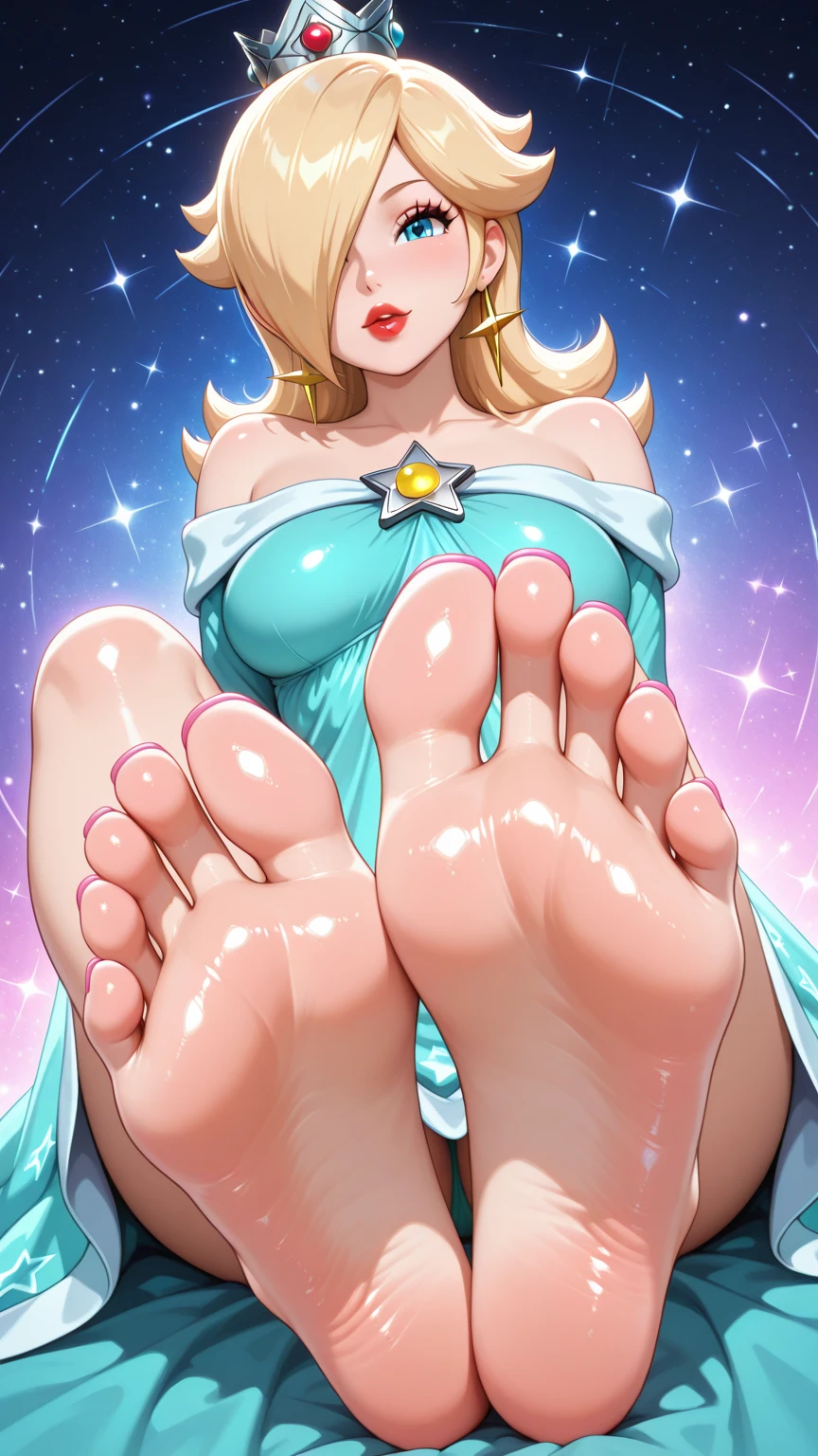 Rosalina from Mario Galaxy, sexy girl, feet, soles, foot fetish, ultra wrinkled soles, stinky feet, stink vapor, big breast, footjob, intensive cumshot. Galaxy background, beautiful colors, colorful. Masterpiece, detailed, UHD, five toes, two feet