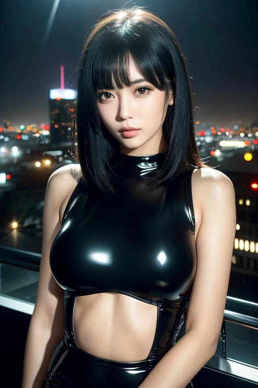 ((Rooftop of a building: 1,3)), ((Goth_punk, alone, Medium Shot, Walking the rooftops of Harajuku, ((night)), Blurry, Neon Light, Rainbow Eyes, Starry Sky, Shiny black hair, White eyebrows, Shiny Hair, (Rainbow black hair), Earring, good, jewelry, Blunt bangs, Busy eyes, Background Blurry, Blurry, hair ornaments, sight, short hair, Portraiture, Side Lock break ((Swedish girl, White skin, White people)),((Women's work suits:1.3)), break (Gal: 1. 1),(Glamour: 1. 3),(night),(Supermodel: 1.3)),break ((earring, ring)), Cowboy Shot,((Tall people)),((Android)),((Look Up)),((Top Angle:1. 3)), From above, looking at the camera,((Event Companion)),((Thin see -through)) Tight-fitting underwear with straps))、Hip、Butt、bend、