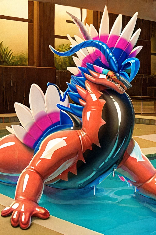Koraidon, male, beach, sunny day, ass view, wide legs, anus,, ((anal vore with pokeball)) huge ass, muscular body 
