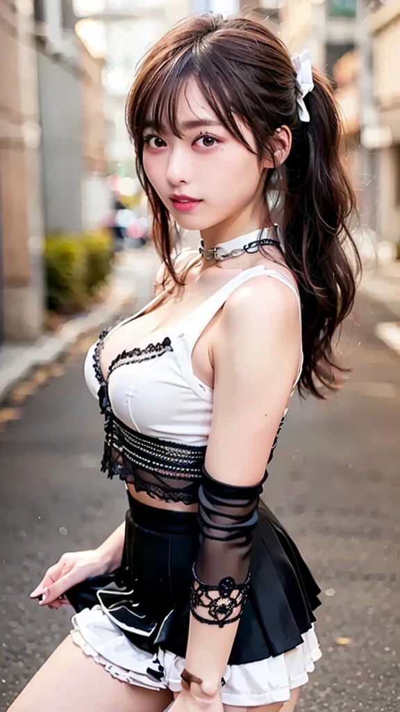 one girl, twin tails、mini skirt、(white and black cow print tight shirt), holstein pattern shirt、Choker with bell, Plump thighs, big lips、Good style、cow pattern fashion、black and white cow pattern、constriction、ripped abs、valley、garter belt、cow pattern jacket、(highest quality:1.0), (realistic:1.0), (8K, RAW photo:1.1), (8k非常にbe familiar withなCGユニットの壁紙), (highest quality), (best illustrations), (best shadow), (be familiar with: 1.4), 3D, HDR (high dynamic range), ray tracing, NVIDIA RTX, super resolution, Scattered beneath the surface, PBR texture, Post-processing, anisotropic filtering, written boundary depth, maximum sharpness and acutance, multilayer texture, Albedo and highlight mapping, surface shading, Accurate simulation of light-matter interactions, perfect proportions, octane rendering, surreal、Photographed with Canon EOS R5、50mm lens、f / 2.8