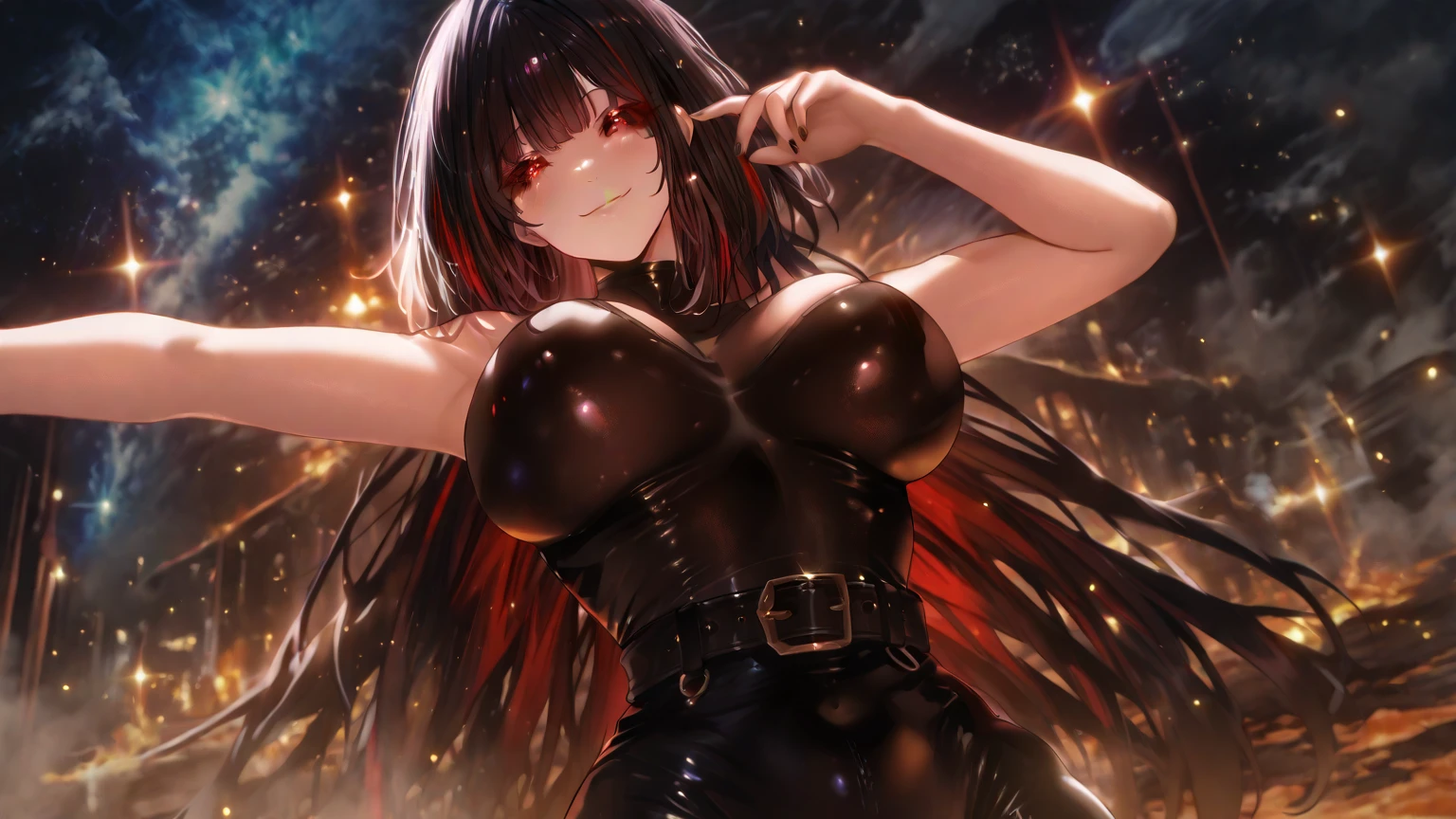 1girl,solo,super detailed skin,shiny skin,wet oily skin,evil smile ,eyelashes,lips gloss,dark hair,blunt bangs,straight hair,large breasts,devil girl,glowing tattoo,stomach_tatoo,bikini,fantasy volcano,ruins,masterpiece,best quality,ultra detailed,high resolution,sharp focus,depth of field
