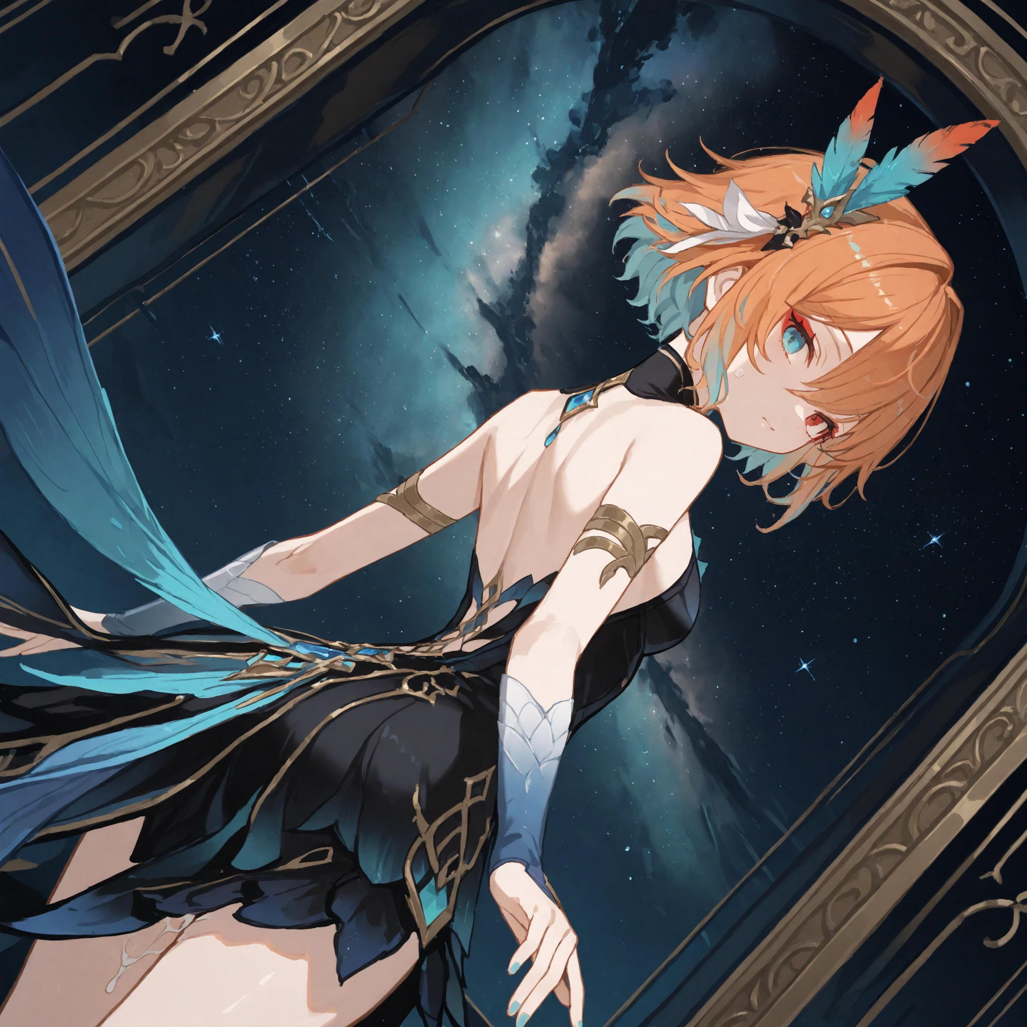 4k resolution, masterpiece after sex，8k ，wallpaper，detailed background，maximum resolution，best quality，HD Image Quality， top quality，Best CG，Best Art，Ultra Precise Art， I pay attention to every detail ，ultra-fine rendering style，beautiful starry sky，Countless meteors pass through the sky，{There is only one female character}，Twenties，noble，sideways，Look Back，Invite you to dance， Beautiful Facial Features ，{{orange short hair }}，（exquisite aqua blue crystal feather hair ornament），（black and white tight dress），（The expression on the face：Playful，Confident and elegant），{ her left eye is blue ， Right eye is red }，{{fuchsia eyeshadow}}，{pretty fingers}，{ normal finger }