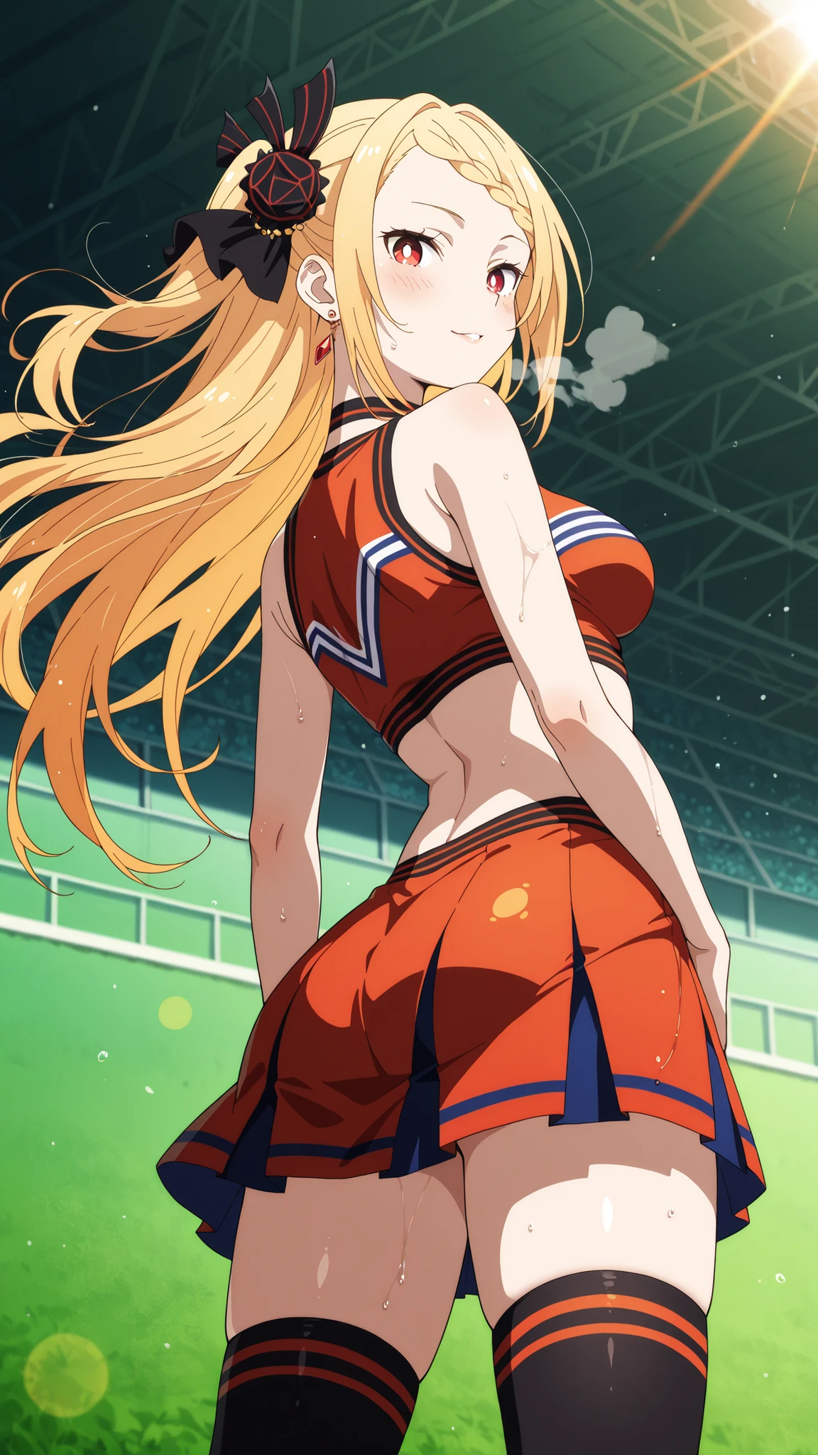 BREAK (masterpiece:1.2), best quality, high resolution, unity 8k wallpaper, (illustration:0.8),High school sports field at dawn, vivid colorful sunrise with intense golden and orange tones, rich saturated lighting, dramatic long shadows, dew on the track sparkling in the morning light, vibrant green field, empty metal bleachers catching sunlight reflections, lone student running laps, visible breath in crisp air, cinematic composition, ultra-detailed, high contrast, realistic fog, warm lens flares, motivational mood, photographic realism, dynamic atmosphere,blush,raised hips,seductive expression,rpriscilla barielle, long hair, blonde hair, red eyes, braid, single braid, braided bangs, one side up, medium breasts, bright pupils, white pupils,hair ornament,bare shoulders,jewelry,earrings,red uniform,tight cheerleader uniform, high black knee socks,cowboy shot,looking at viewer,floating hair,floating skirtsmile,wet,arched back,from below,from behind,back photo