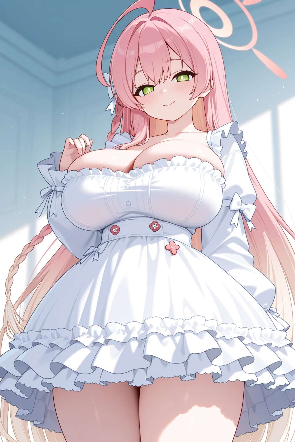(((masterpiece:1.4, Best Quality:1.48K))), ultra high res, Physically Based Rendering, Full Body Shot, ultra Beautiful Sexy Woman, highlights in the eyes, pink long wavy hair, (wind blows up her hair), (gigantic Breasts:1.5, breasts exposed), narrow waist, 24yo, (embarrassed, blush, tears:1.1, open mouth, drooling:1.4), ((white off shoulder dress:1.4, dress with pink design)), (bdsm, arms tied up by chain, Both hands above the head, spread legs wide:1.7, detailed beautiful pussy exposed:1.2), (spread pussy:1.4, cum in pussy:1.4), ((space background)), dim candle lighting, 