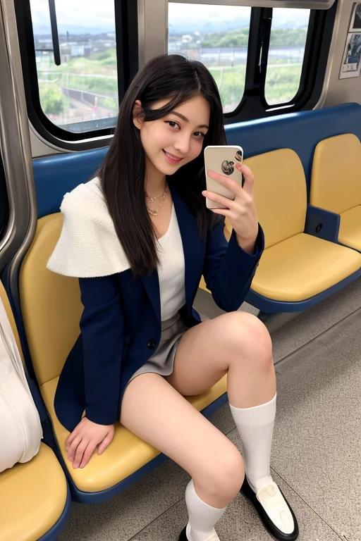 “（tmasterpiece，k hd，hyper HD，4K）brunette color hair，20 years old Japanese girl，Uniform skirts，emphasizing thighs，whitethighhighs，soft thighs，Glossy thighs，Sitting on the train，Face-to-face perspective，（From the angle below），sitting in the train seat，sitting in front，Crotch zoom camera，Feet on the train floor，full bodyesbian，Head down and sleepy-eyed，Just look at the audience"， best qualtiy， hyper HD， （realisticlying：1.4），， A high resolution， the detail， RAW photogr， Sharp re， Nikon D850 Film Stock Photo by Jefferies Lee 4 Kodak Portra 400 Camera F1.6 shots, rich colors, ultra-realistic vivid textures, dramatic lighting, Unreal Engine Art Station Trend, Cinestir 800，huge tit，blush