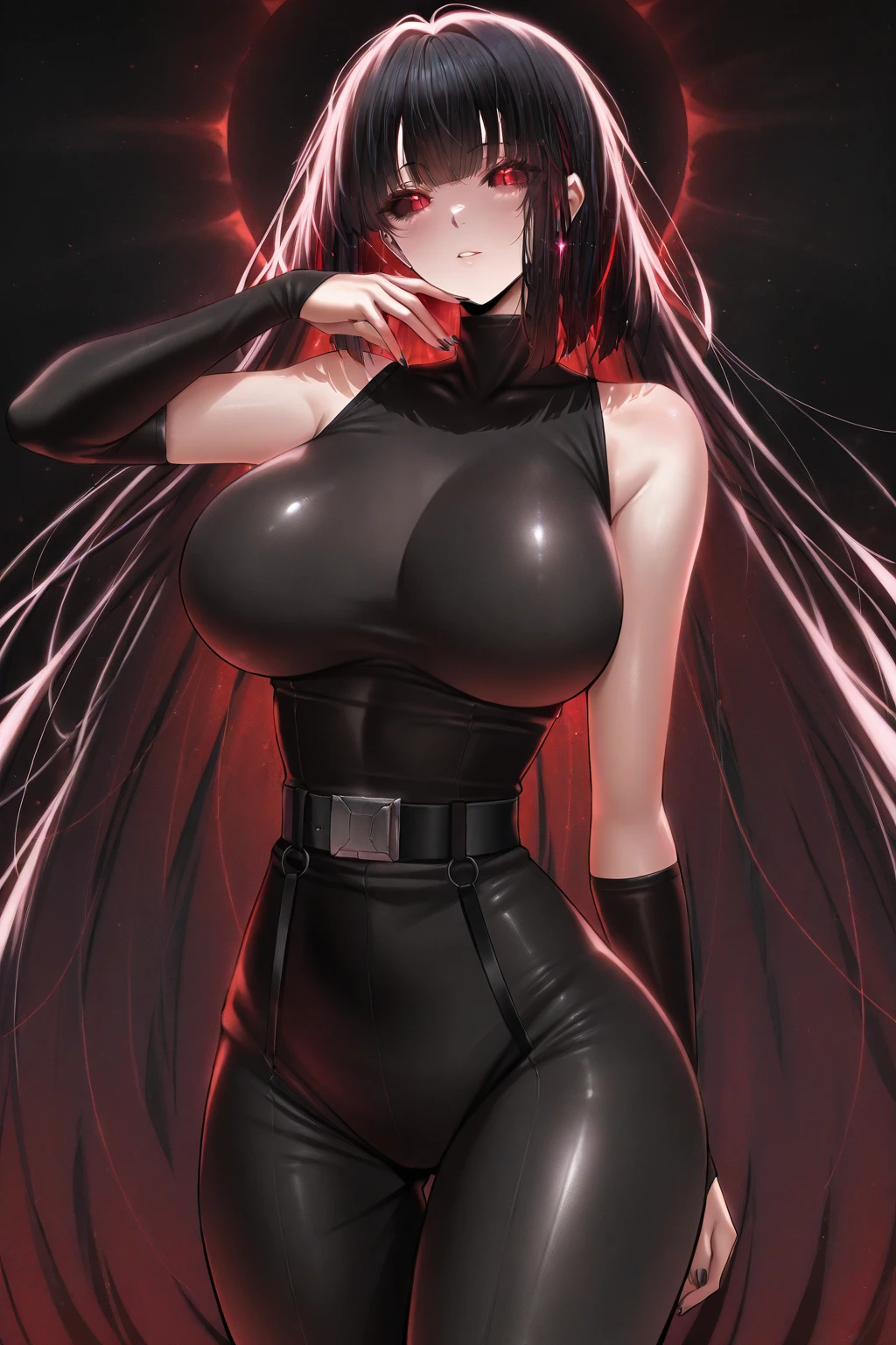 Realistic、1girl、black hair、(twintails),red eyes、(Beautiful eyes like jewels)、open stance,(middle hair),(eye focus:1.3,upper body),(gradient eyes:1.3),(enamel body suit:1.3
)、(clear face:1.3),cute face、,(tareme:1.3),(huge breasts),(dark color background:1.5)
