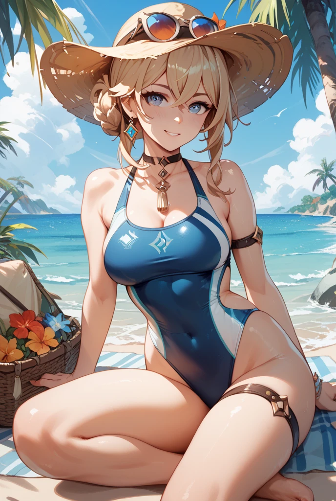 1girl, adult woman, (Blushing:1.4), (string highcut swinsuit, animal print), blushed, Smile, Cowboy Shot, Slim body, Small breast, small boobs, Full Body, Detailed background: Beach and palmtrees, summer