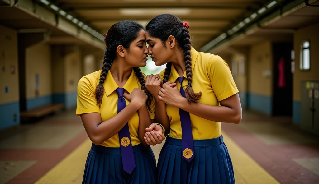 A fight between 2 Indian girls at school . In skirts. With anger in face