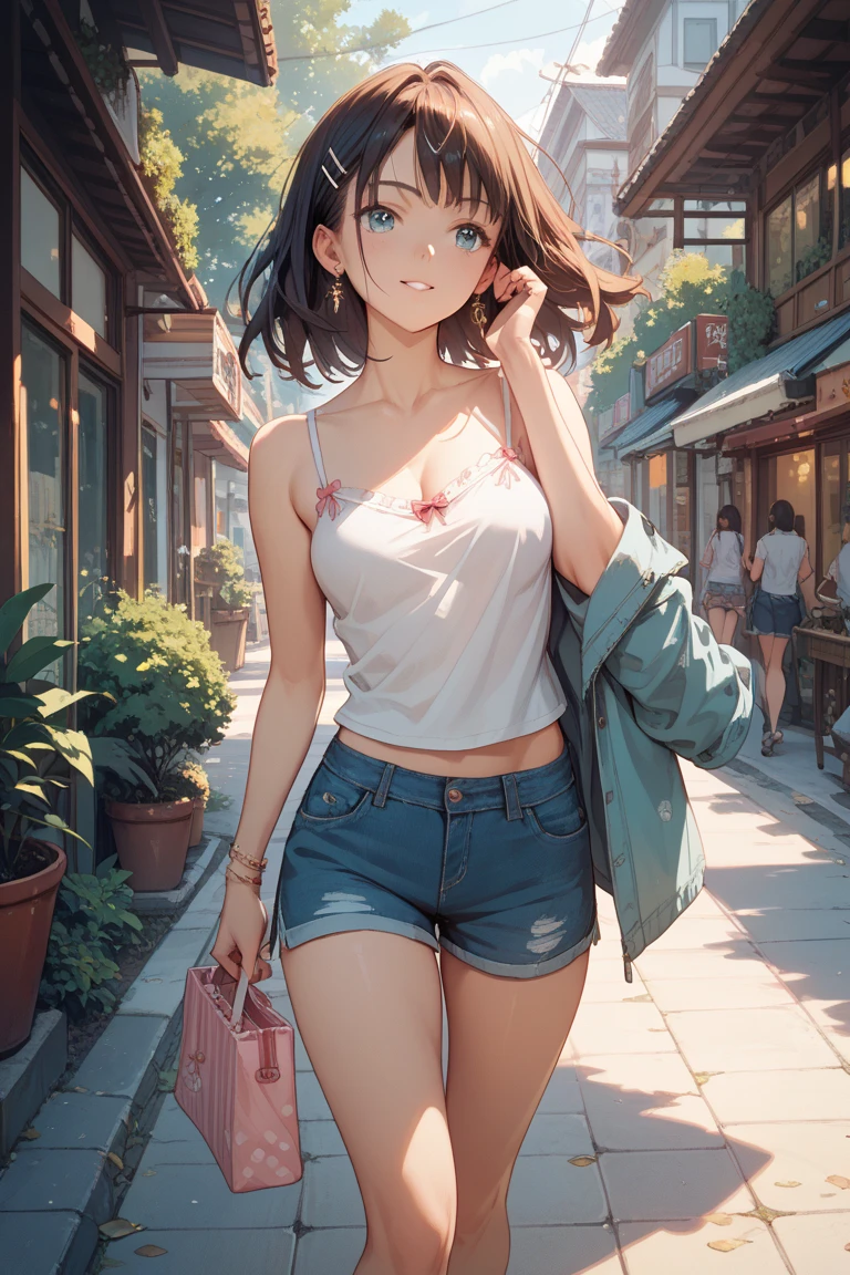 Sleeveless,Sweaty,A perfect smile, (Perfect Anatomy, Anatomically correct, Highly detailed skin), Cute and symmetrical face, Perfect Face, Perfect Eyes, Perfect Fingers, Five Fingers,Smartphone in one hand, ((Hairstyle,Inner Color,money,Bobcut))((White tube top,Brown Check Skirt)),Earrings,Street Corner,((Shoulder bag,Wear diagonally)),Go down the stairs,Angle from below,Dripping sweat,((Blue string panties)),Spread your legs,Wet Panties,Toy in panties