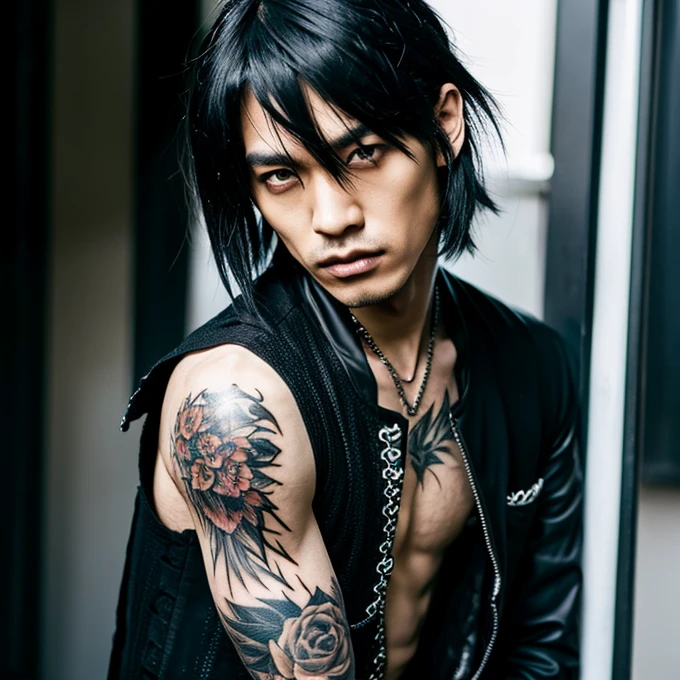 1 man, Japanese man, male, Asian eyes, muscular, broad shoulders, yakuza tattoos, hairstyle Visual Kei style, hair Visual Kei, black men's shirt and black pants, ultra detailed face, hyperrealistic, realistic representation, long hair, long hair, 30 years old, age 30 years, blonde hair, full body view