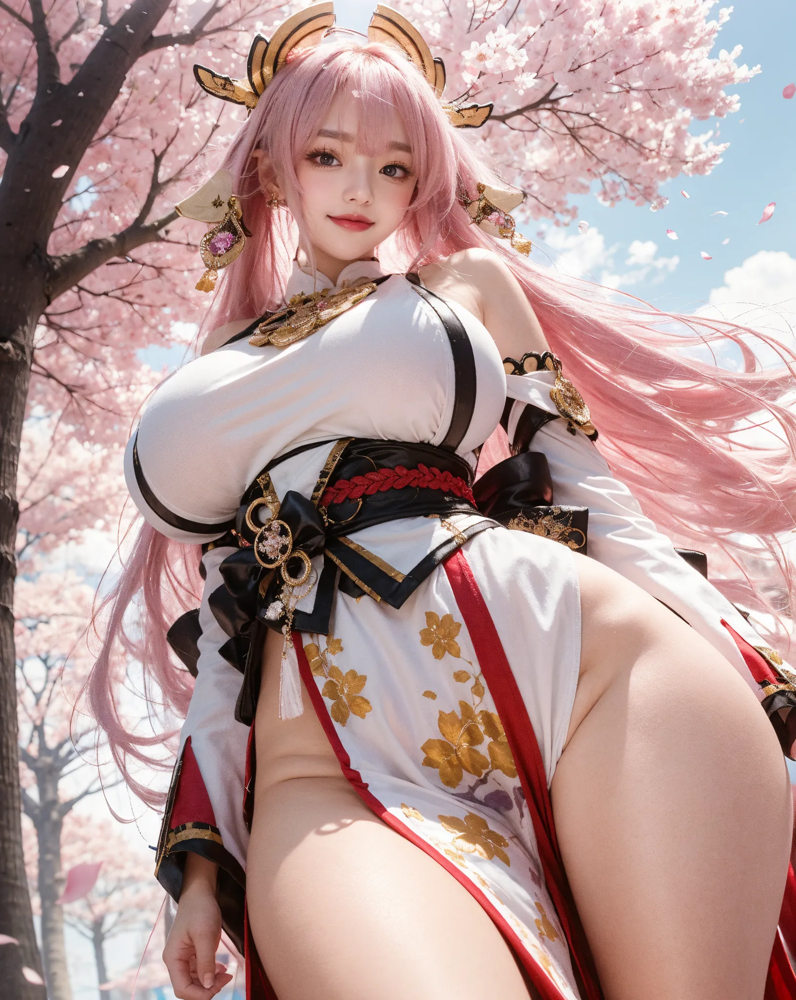 detailed,(masterpiece:1.1025), (best quality:1.1025), highly detailed, 8k uhd,(amazing fine details:1.05),(amazing fine details:1.05), absurdres, highres, 1girl, (shibari:1.3), huge breasts,  bangs,  breasts, closed mouth, full body, hair ornament, arms behind back, japanese armor, japanese clothes, katana, (pink floral kimono:1.3), kusazuri, legs,  looking at viewer, red eyes, tabi, long white hair, complex background, solo, standing, swept bangs, sword, striped thighhigh socks, two short ponytails, weapon, wide sleeves,