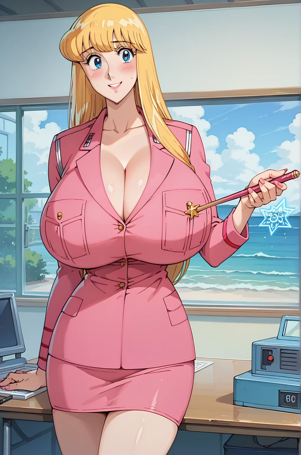Very long blonde hair, bangs, Brown eyes, Glossy pink lips, clavicle, Pink clothes, (masterpiece, highest quality:1.4), Police uniform, Female police officer, Pink Uniform, Cleavage, Pink pencil skirt, Long sleeve , Chest pocket, formal, Pink Shirt, Outdoor, Police Department, Reiko holds up her breasts with both hands to seduce,
(((masterpiece, highest quality; 1.3)), Great quality, Beautiful details, Very detailed, Ultra-fine, 16k, Exquisite, Absurd, High resolution, Beautiful background, Detailed Background, Beautiful Eyes, Beautiful Skin, Anime Style, RAW Photos , Very detailed:1.2), One Girl, alone, Full body portrait of a woman, Focus on the chest, Attractive appearance, Mature Body, Fat, plump, View Viewer, smile, Good move, The best move,
