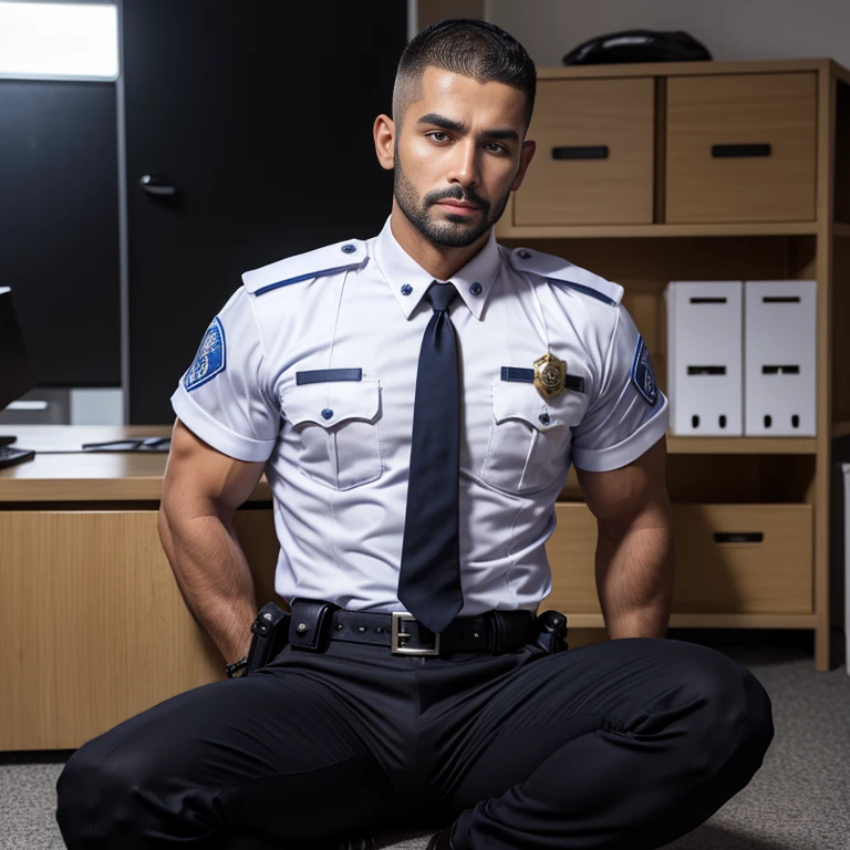 Realistic style,身体健壮的police officer坐在地板上,indoor,Wooden floor,Sitting,40 years old Asian man,police officer,Looking at the camera,Legs open,Place your hands behind your body,beard,Floral shirt,Shirt open,Kind expressions,Kind grandpa,Greet politely,Black short hair,Very short hair,Brown skin,Oily skin,(Fat-encapsulated muscle),Mermaid Line,Grey swimming trunks,(There is a huge king oyster mushroom in the pants),Leg hair,Thick body hair,Black body hair,Leg hair,sandals,toe,full-body shot,Real person photos,Anatomically correct limbs,full-body shot,Fine skin texture,Wooden walls,Soft Light,Low contrast image,Highest quality,4k picture quality,