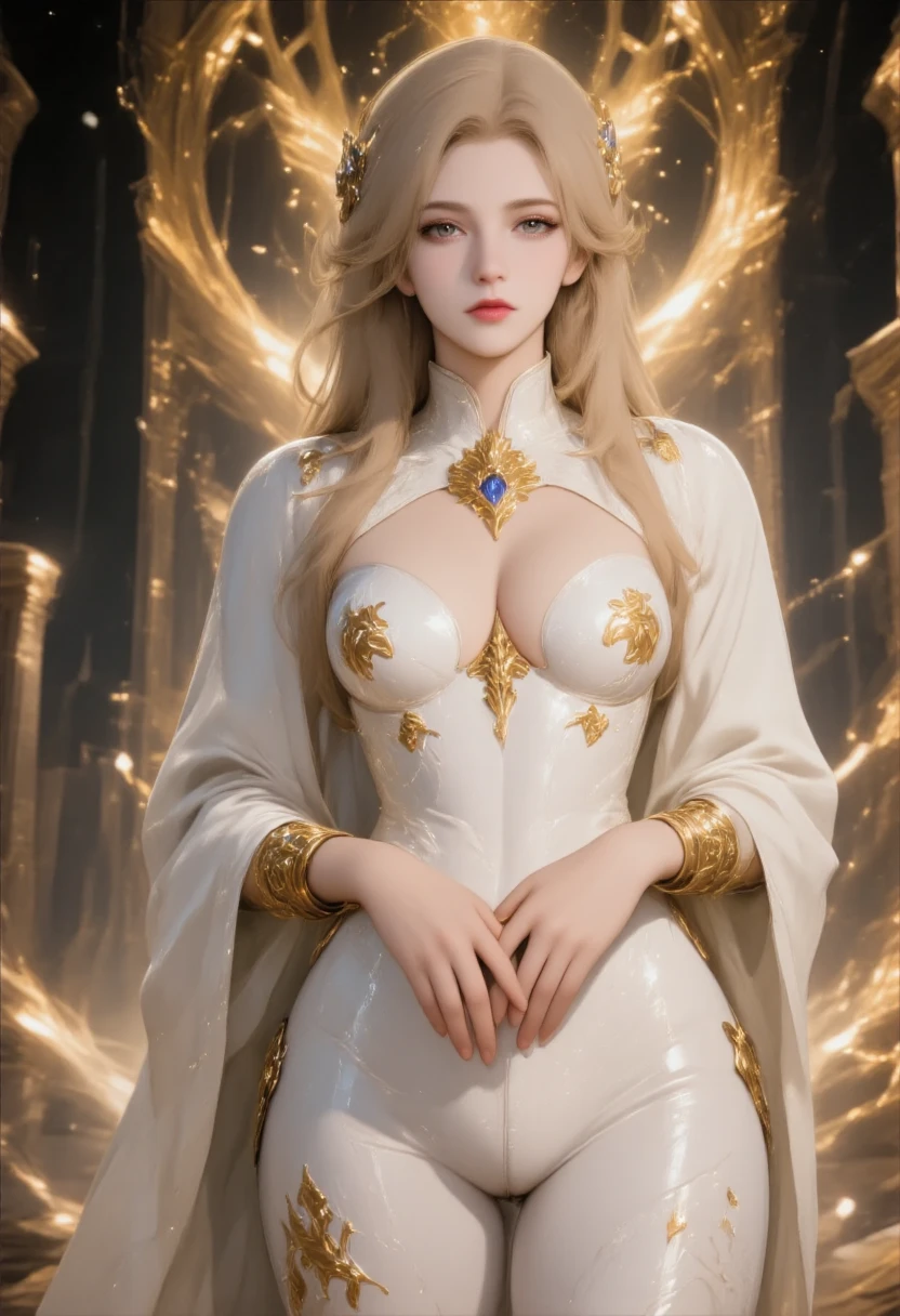 A woman with silver-white hair and blue eyes. She has a confident expression and is dressed in a revealing costume that combines futuristic and classical elements. The outfit features a black bodice with gold trim, a white top, and a long, flowing silver skirt. She also wears a choker with a pendant, earrings, and multiple bracelets on her arms. The character is standing in what appears to be an auditorium with red seats, and there is a warm, golden light illuminating her from the side. (enormous breast:1.5)