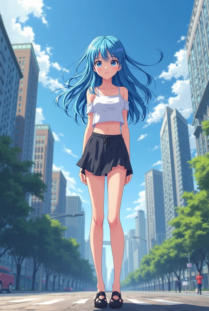 index, index, (Green Eyes:1.5), Blue Hair, Long Hair, (Flat Chest:1.2)happy smile, smile, Open your mouth,v neck tank top shirt,Skinny jeans,Cute Sandals,Rocket Pendant,Walking,Sunset,evening,The sun is setting,whole bodyがイラストに入るように,
break looking at viewer, whole body,
break outdoors, Building district,
break (masterpiece:1.2), Highest quality, High resolution, unity 8k wallpaper, (figure:0.8), (Beautiful attention to detail:1.6), Highly detailed face, Perfect lighting, Highly detailed CG, (Perfect hands, Perfect Anatomy),
