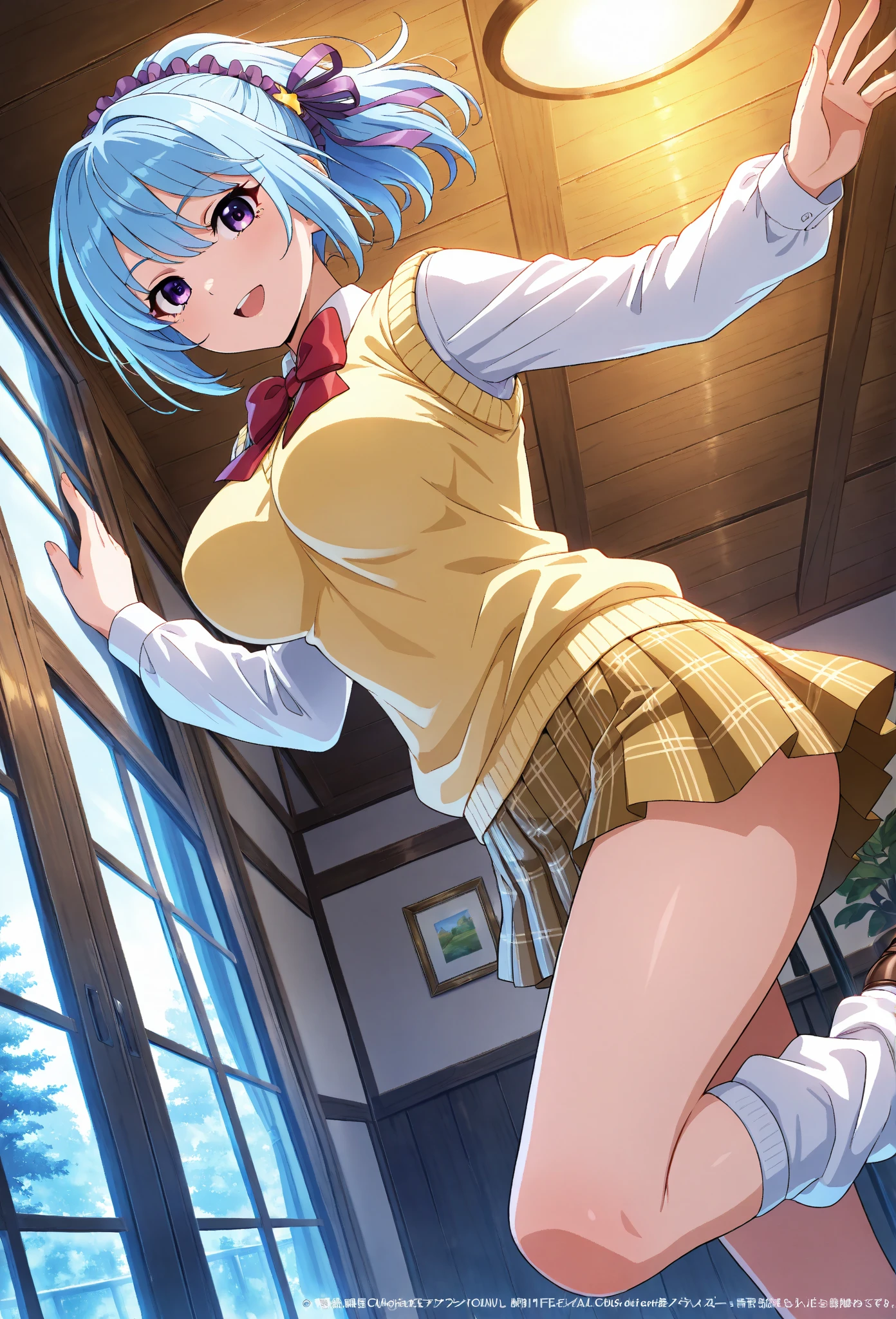 Girl dressed in black and white gothic lolita with stockings, blue hair, Red eyes, short skirt with small breasts, pink display in the room, high quality 2k masterpiece. 