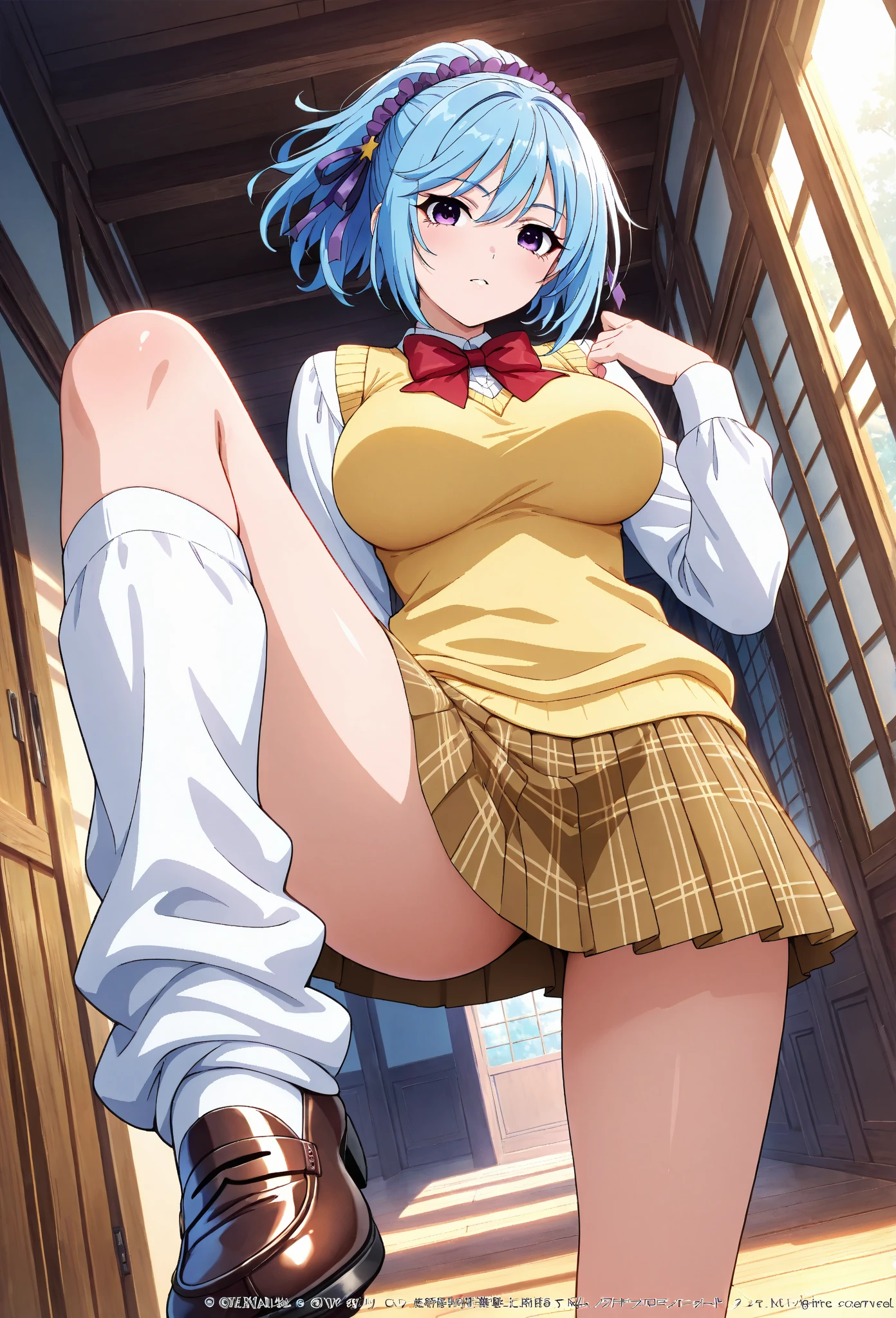 ((anime:)),,((best quality)), ((highly detailed)),(sketch) extremely detailed face, beautiful face,((1girl)),((solo)),shiny skin,(cowboy shot:1.15),looking at viewer ,hikawa hina,(aqua hair) , side braids, twin braids, hair bow,, nipples,large areolae,nsfw,((serafuku:1.55))(red ribbon:1.15),((short sleeves:1.15)),((pleated skirt,mini skirt:1.15)) ((skirt lift:1.35)),,((hanging breasts:1.25))((large breasts:)),((pussy:1.35)),outdoors,,((stairs:1.35)),((sitting:1.35)),((nose blush:1.25)),(bad mood,,smile:0.895),open mouth,black socks,(black socks:1.15),BREAK (dark brown loafers:1.15),,((spread legs:1.45)),(arm behind back),,(anus)
