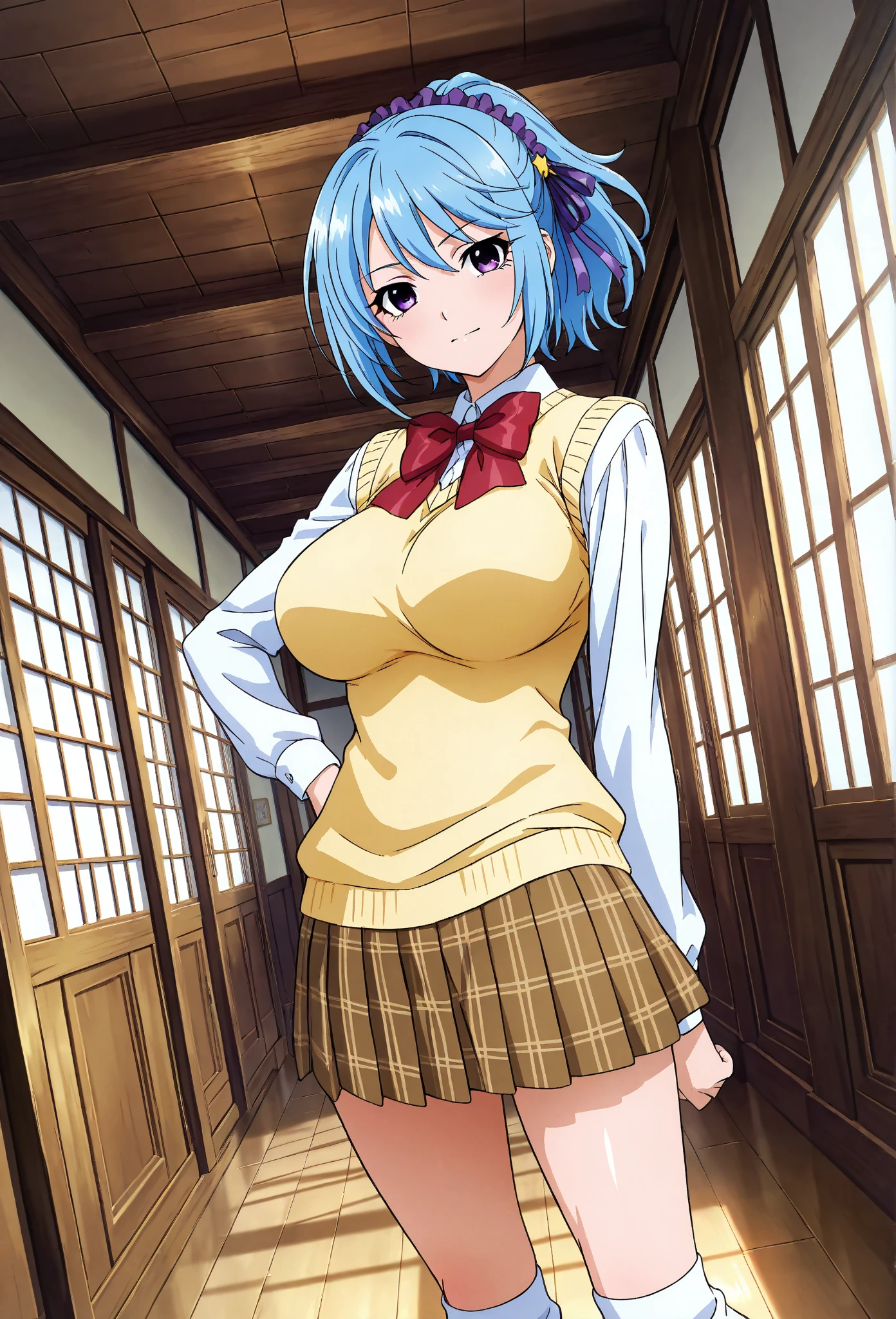 huge breasts,solo, 1girl, madobe nanami, smile, looking at viewer, hairclip, hairband, hair ornament, long sleeves, skirt, thighhighs, cleavage, btpt-fc, <lora:btpt-fc-v2:0.7>, ,<lora:os-tan_7-tan:1>