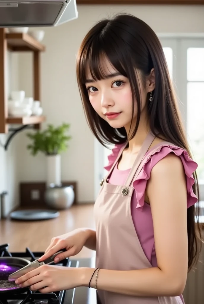 (masterpiece, best quality:1.1), (8k, raw photo, photo realistic:1.2, f22), (shiny skin), detailed skin,long hair,detailed face, detailed eyes, smile,BREAK, real world, intricate details, smil, BREAK, 1girl, (apron,pink), BREAK, (kitchen:1.4), BREAK