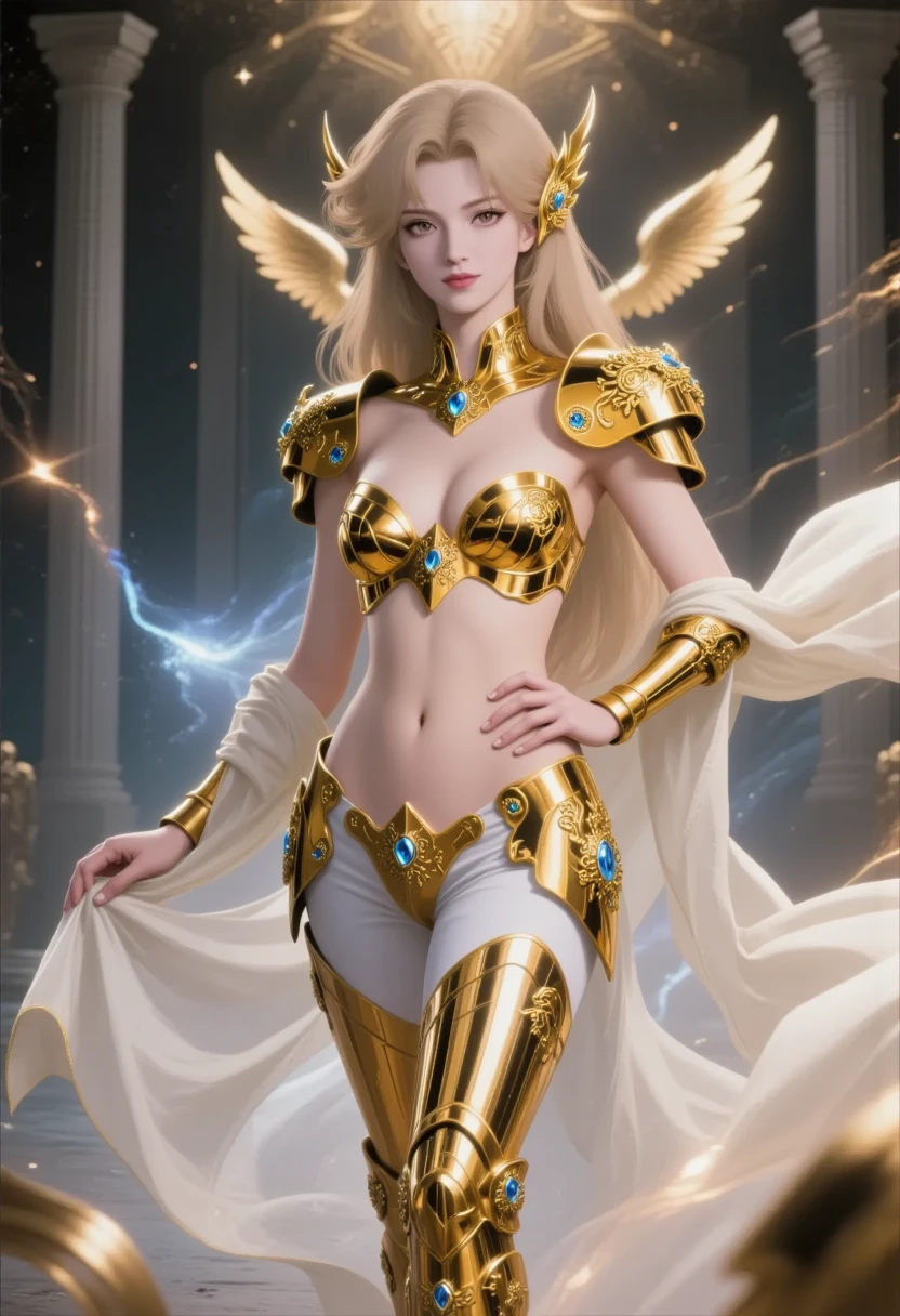 Full Body, Silver-haired young girl, golden eyes, angelic body and face, and a blue crystal armor with a mini skirt, wield a spear, wear a cloak, shield, and golden circlet, sitting on the throne of golden sun, white golden wings, dusk, and dawn background scene, the magic circle with a diamond star, innocent smile, stable diffusion v5, anime style v3, lora style v5, dynamic, image enhance, dream shape, vibrant, realistic face, 32k resolution, upscale, sharp focus, best quality, masterpiece, ghostmix, flat color, flat light.