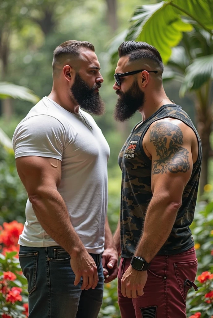 A sexy Chinese man,lightblue hair, short detailed hair,parted lip, Lips, White robe,Forest background, Sunset lights, Short beard perfect figure with tattoos, Very huge and strong body, Bulging muscles, musculous, Very large pectoral muscles,Very sexy abs,The legs are muscular,Tall and mighty,Exposed Body,Tall and burly,toned figure,Huge genital bulging area,Brightens oily skin,Muscular。